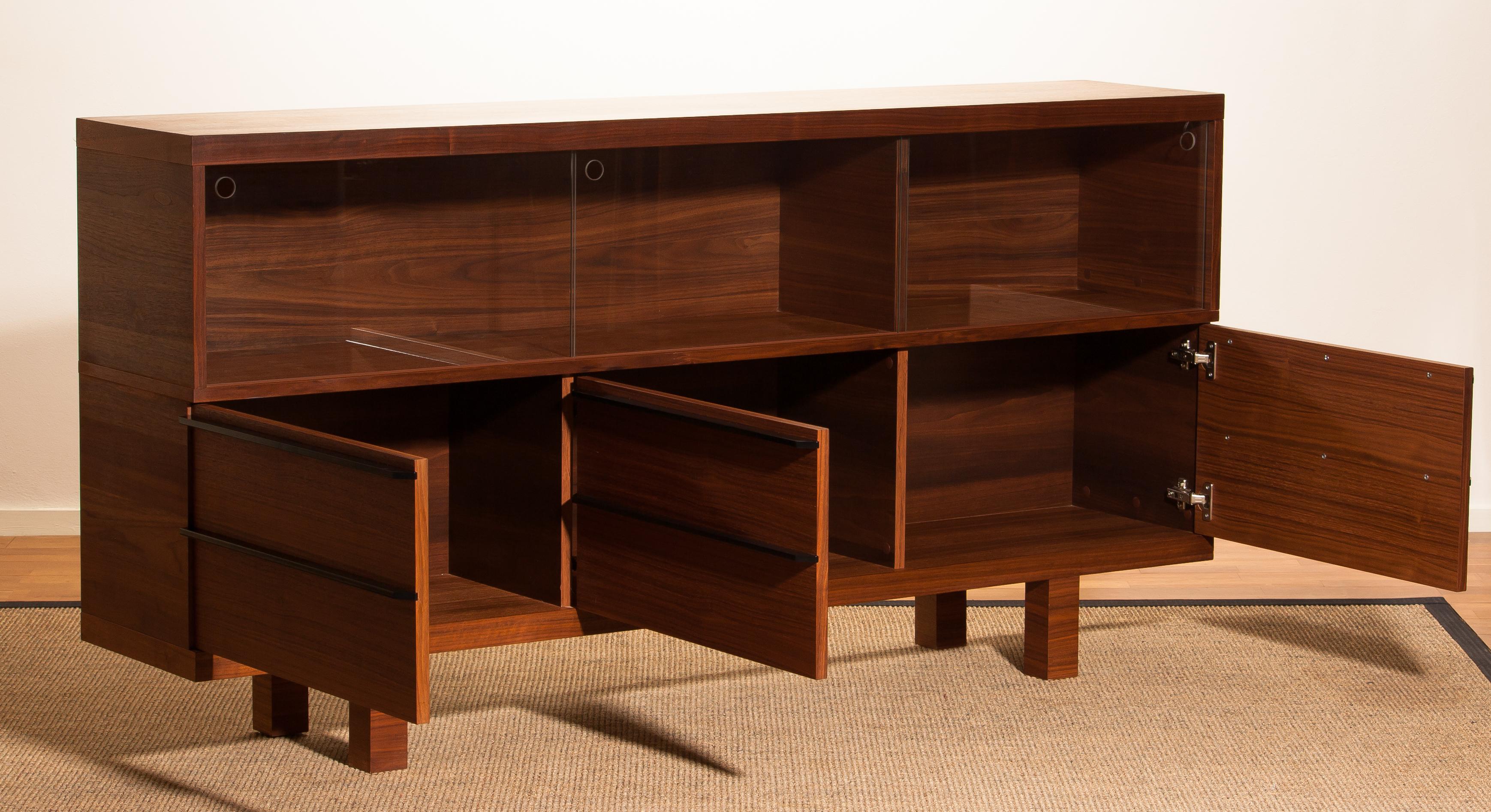 Norwegian Walnut and Glass Sideboard, Norway, 1980s