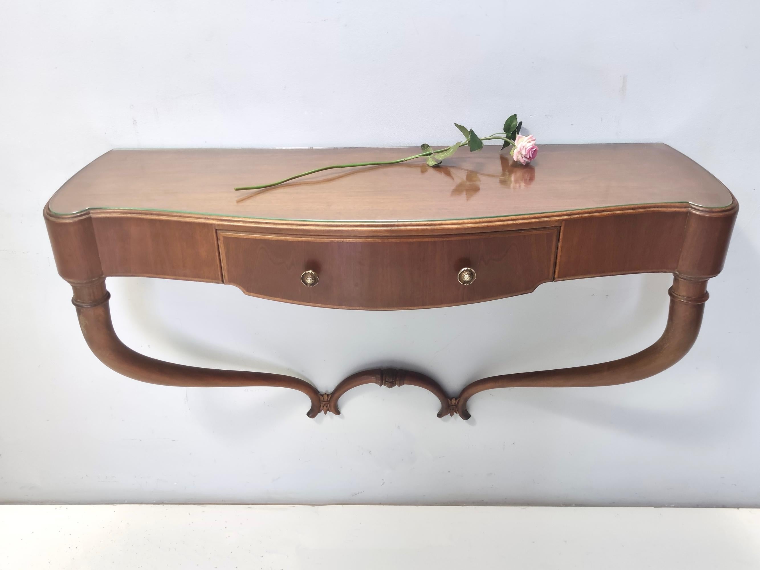 Mid-Century Modern Walnut and Glass Wall-Mounted Console Table attr. to Guglielmo Ulrich, Italy For Sale