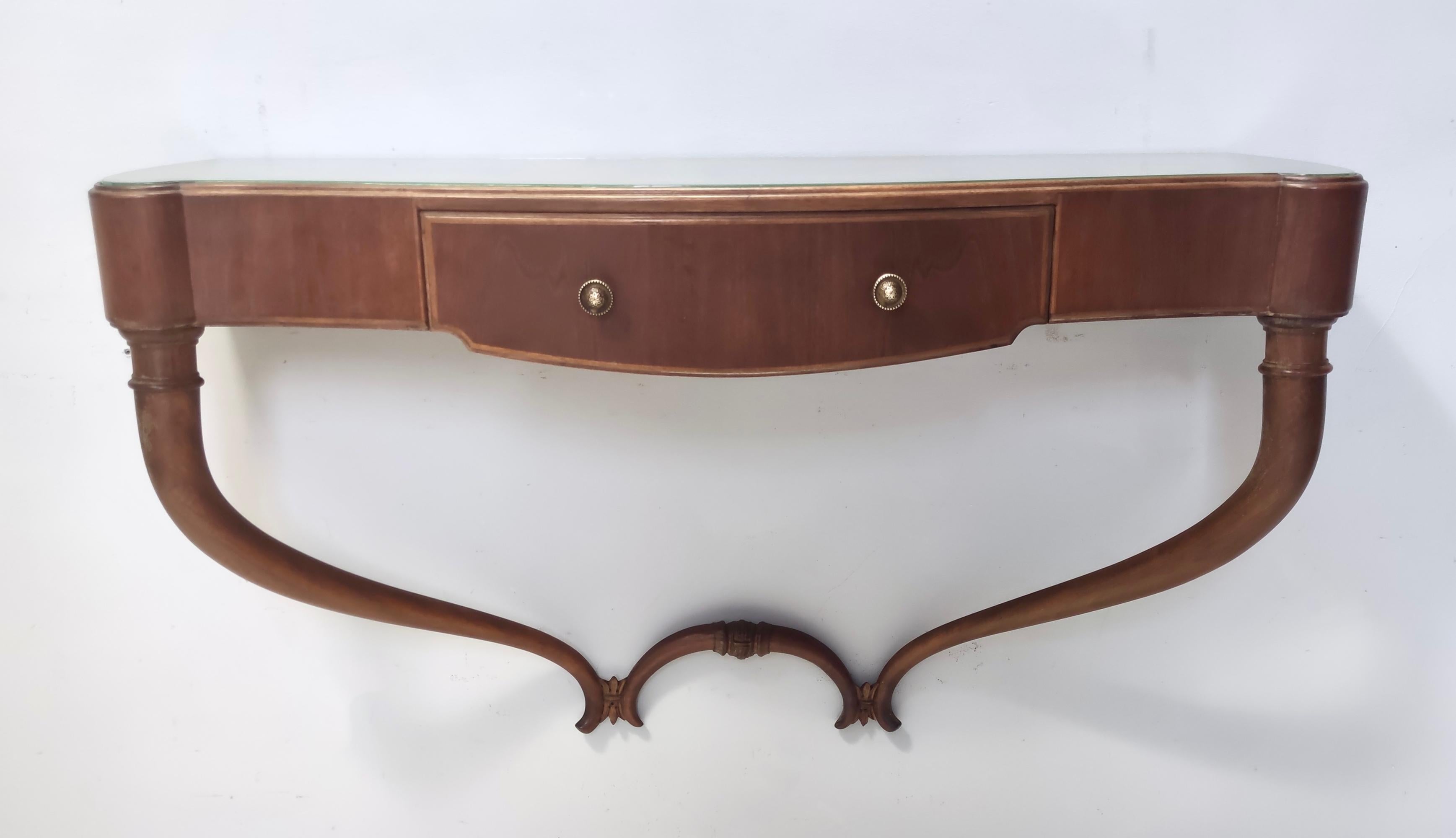 Italian Walnut and Glass Wall-Mounted Console Table attr. to Guglielmo Ulrich, Italy For Sale