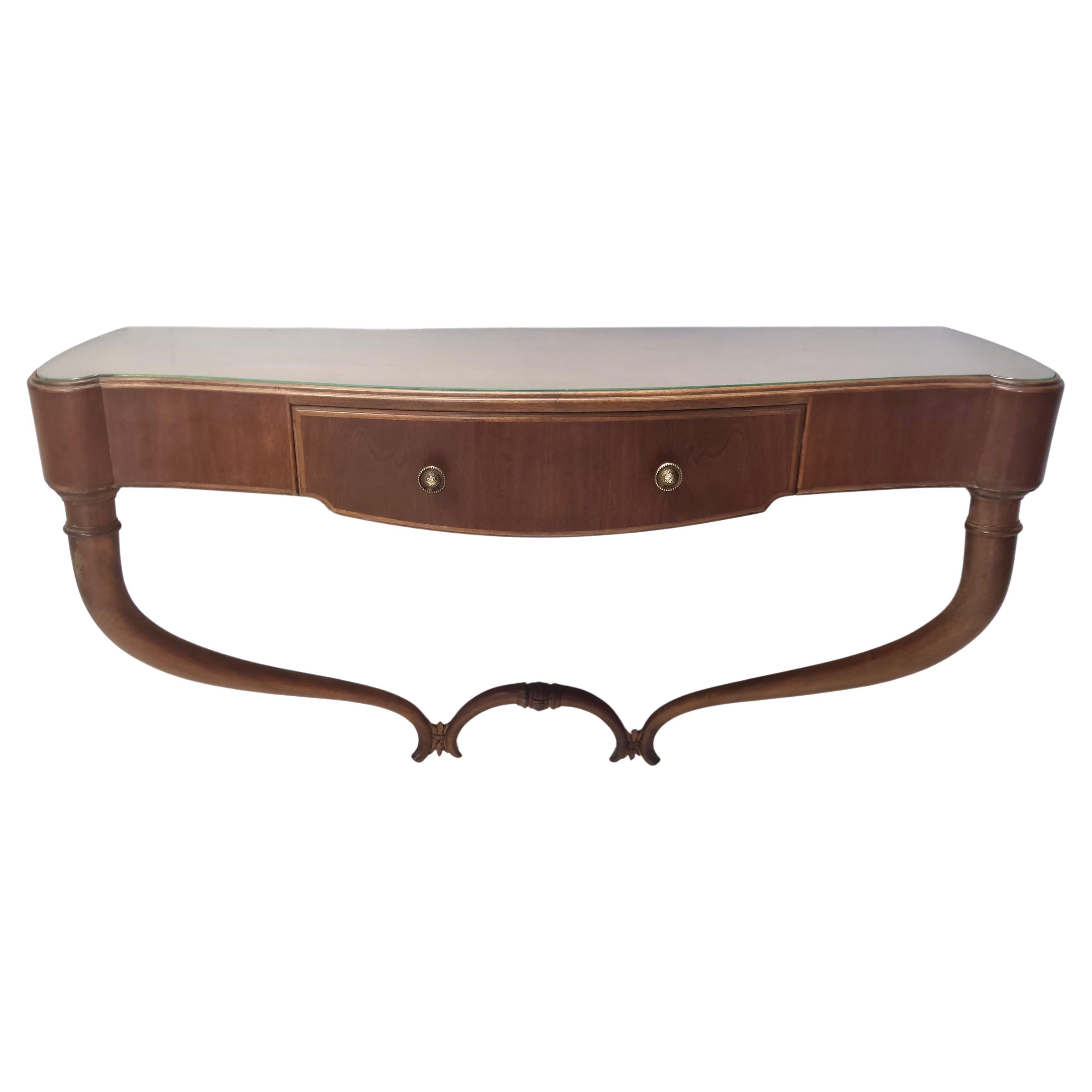 Walnut and Glass Wall-Mounted Console Table attr. to Guglielmo Ulrich, Italy For Sale