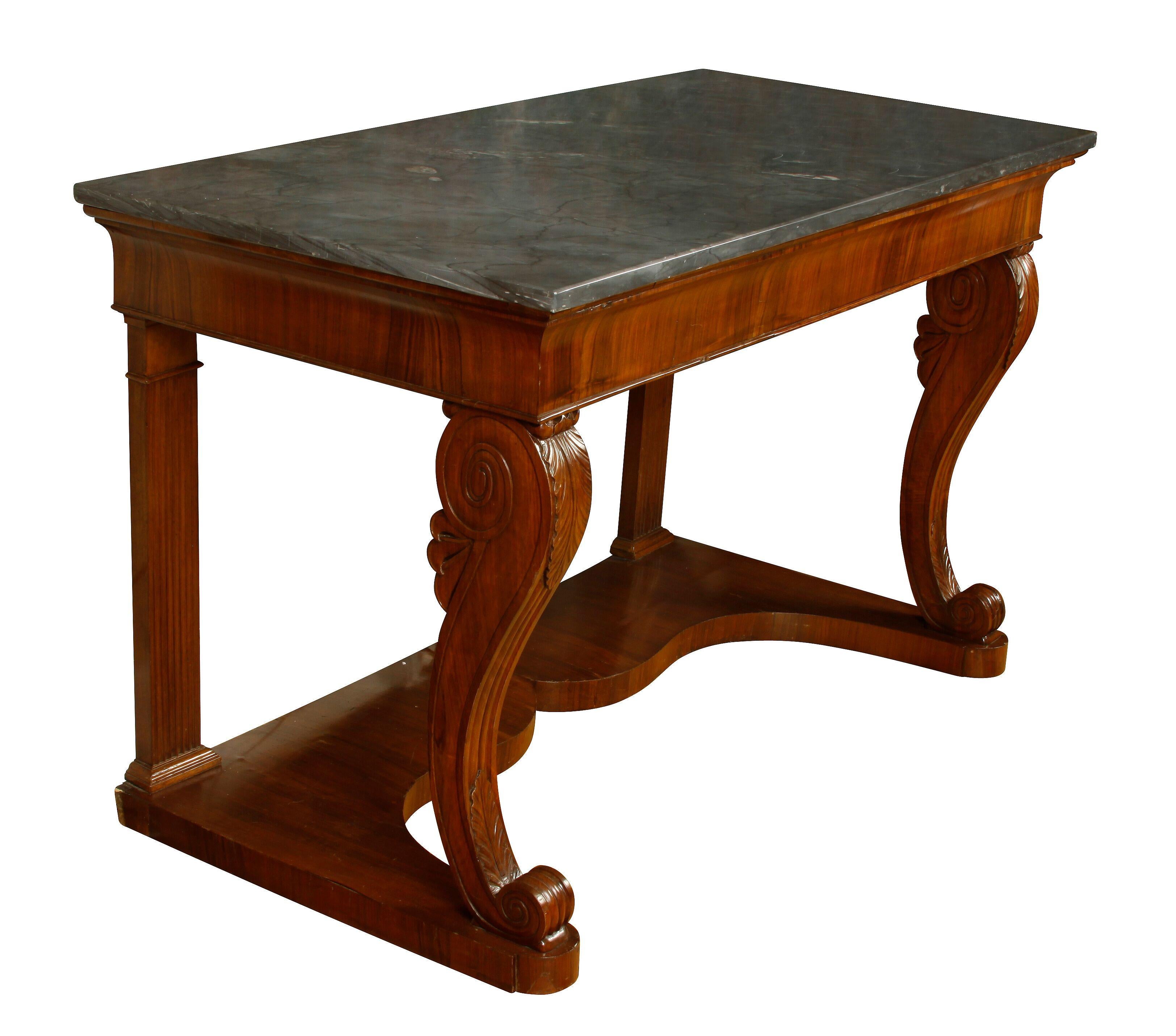 Walnut and gray marble Empire console, circa 1880. Carved legs with leaf curved design on front legs and reeded legs in back.