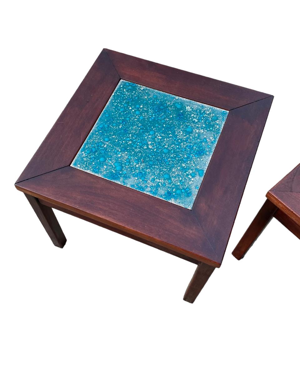 Walnut and Hand-painted Copper Side Tables by John Keal for Brown Saltman For Sale 3