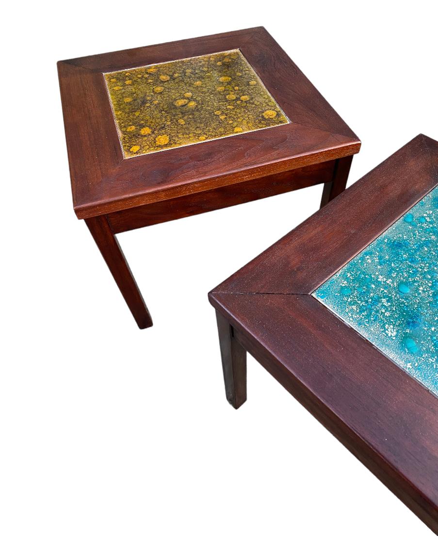 Beautiful pair of Constellation walnut side tables with painted copper inlaid trays. Designed by John Keal and produced by Brown Saltman furniture company. The wood has been cleaned and oiled to amplify the natural grain and depth of color. Both