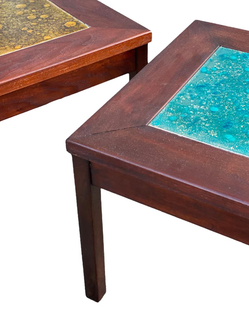 Walnut and Hand-painted Copper Side Tables by John Keal for Brown Saltman In Good Condition For Sale In Brooklyn, NY