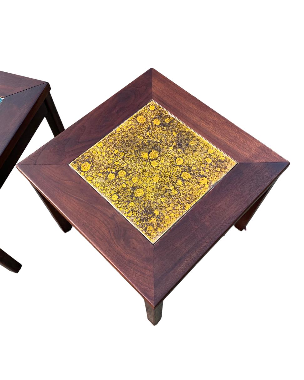 Walnut and Hand-painted Copper Side Tables by John Keal for Brown Saltman For Sale 2