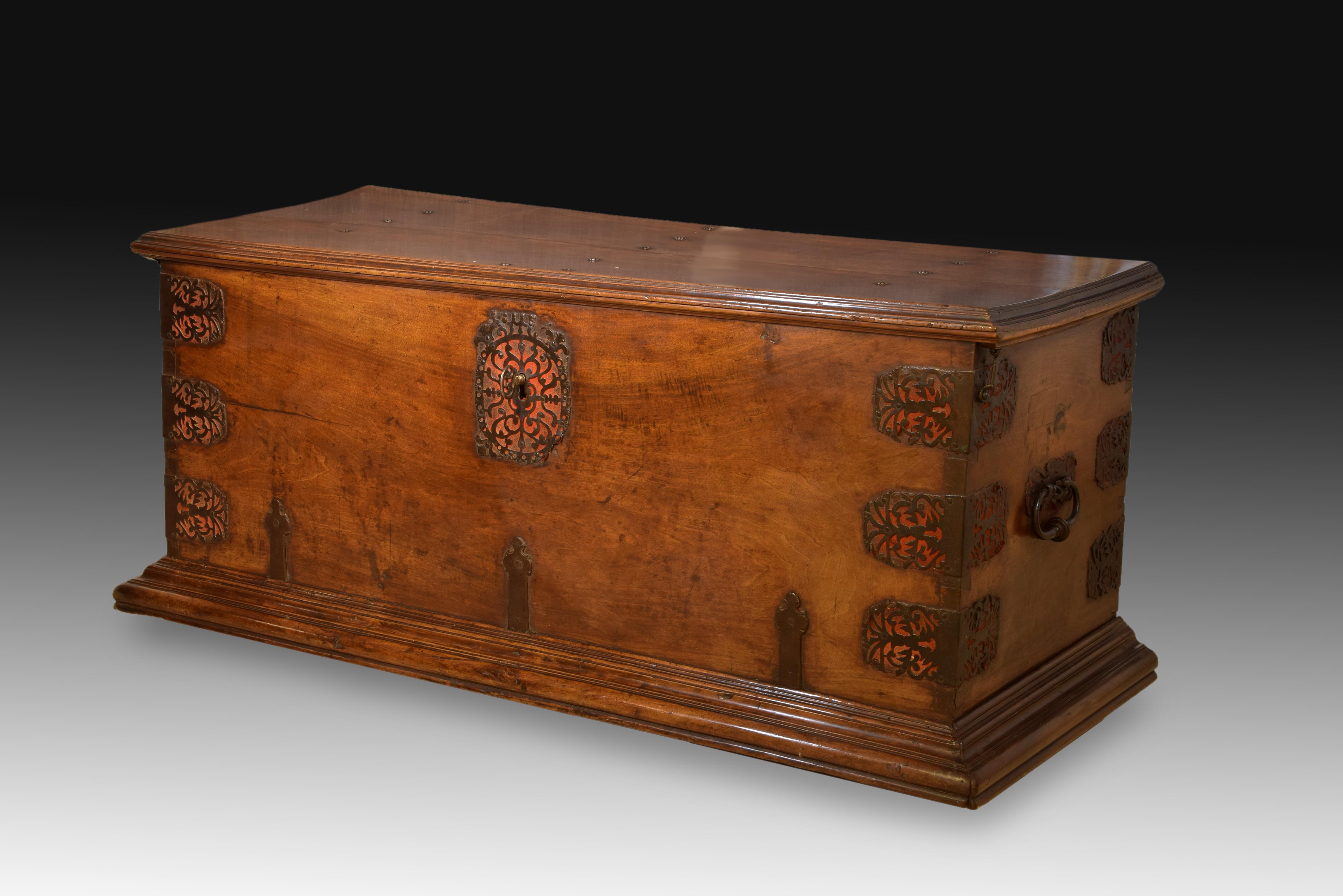 Cassapanca rettangolare con base e coperchio con modanature e raccordi in ferro e angoli in metallo forgiato su uno sfondo in tessuto rosso realizzato con elementi vegetali e architettonici stilizzati e semplificati. Serratura con chiave davanti. Il