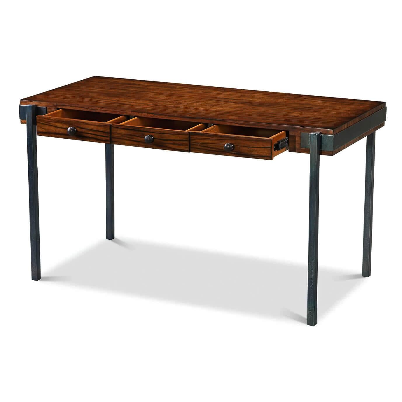 Industrial Walnut and Iron Three-Drawer Desk