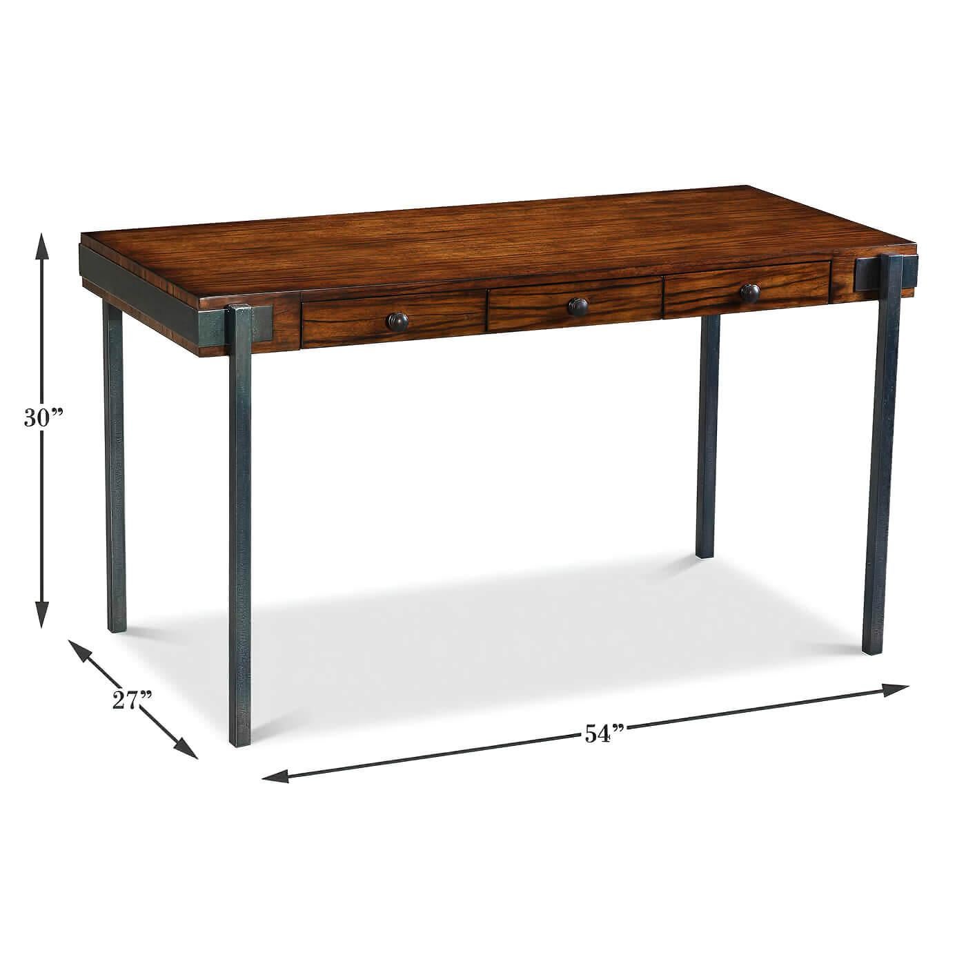 Wood Walnut and Iron Three-Drawer Desk