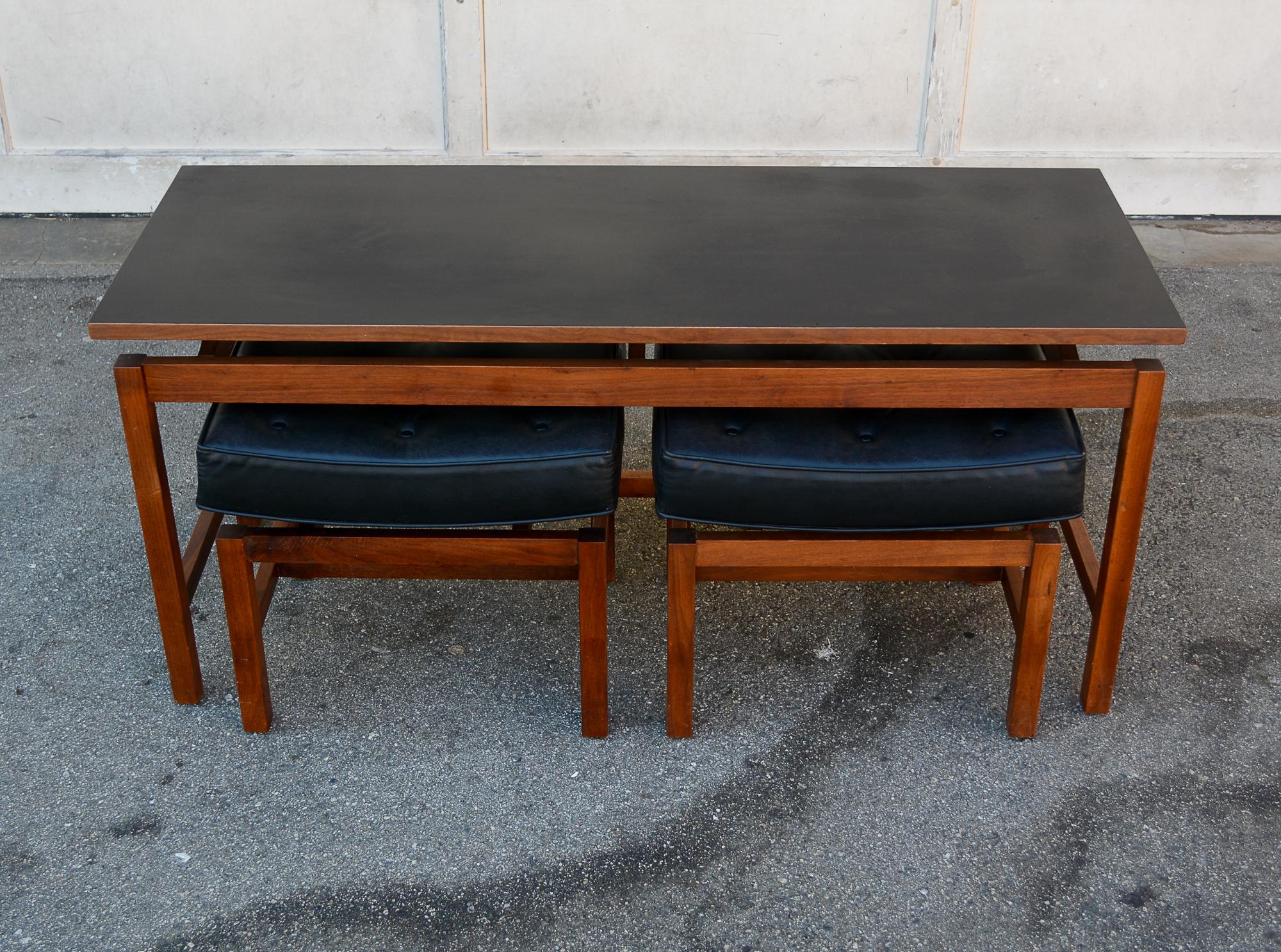 Mid-Century Modern Walnut and Laminate Table with a Pair of Stools by Richbilt Mfg. For Sale