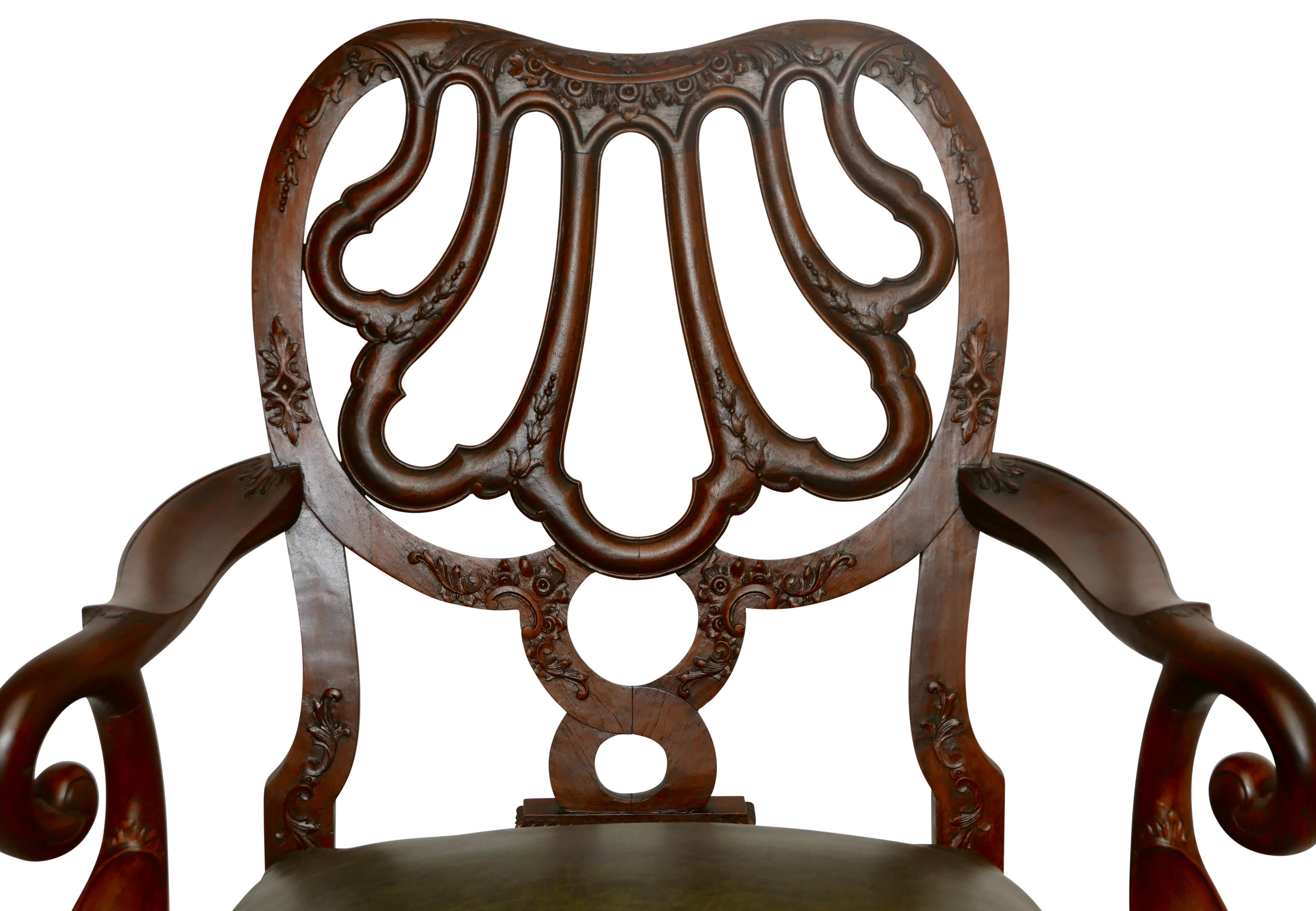 Georgian Walnut and Leather Armchair Desk Chair after Giles Grendey, Late 19th Century For Sale