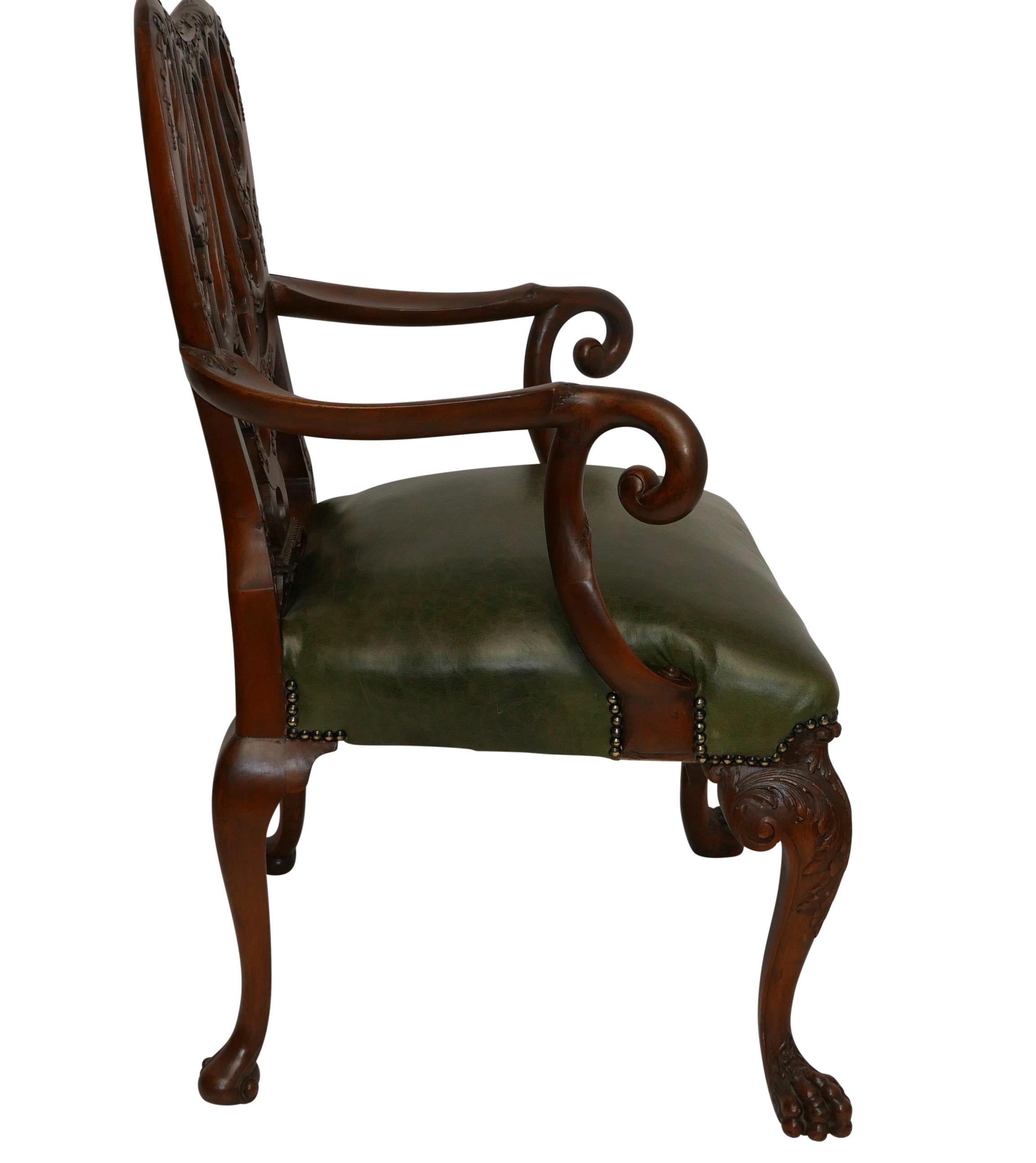 Carved Walnut and Leather Armchair Desk Chair after Giles Grendey, Late 19th Century For Sale
