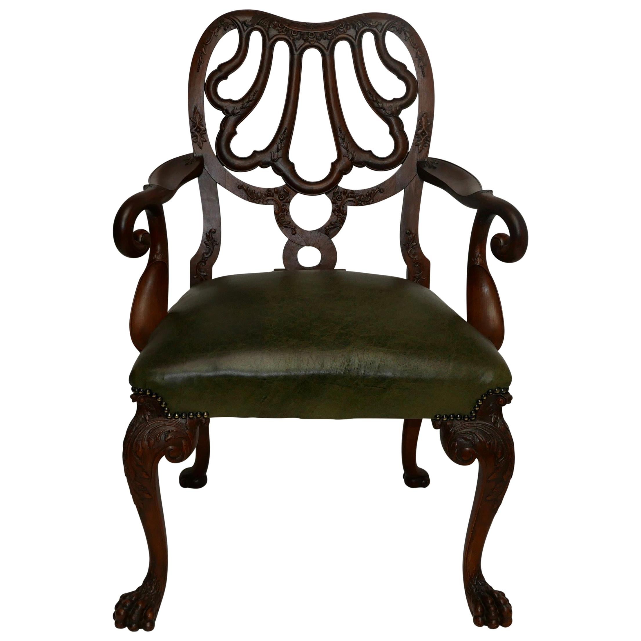 Walnut and Leather Armchair Desk Chair after Giles Grendey, Late 19th Century