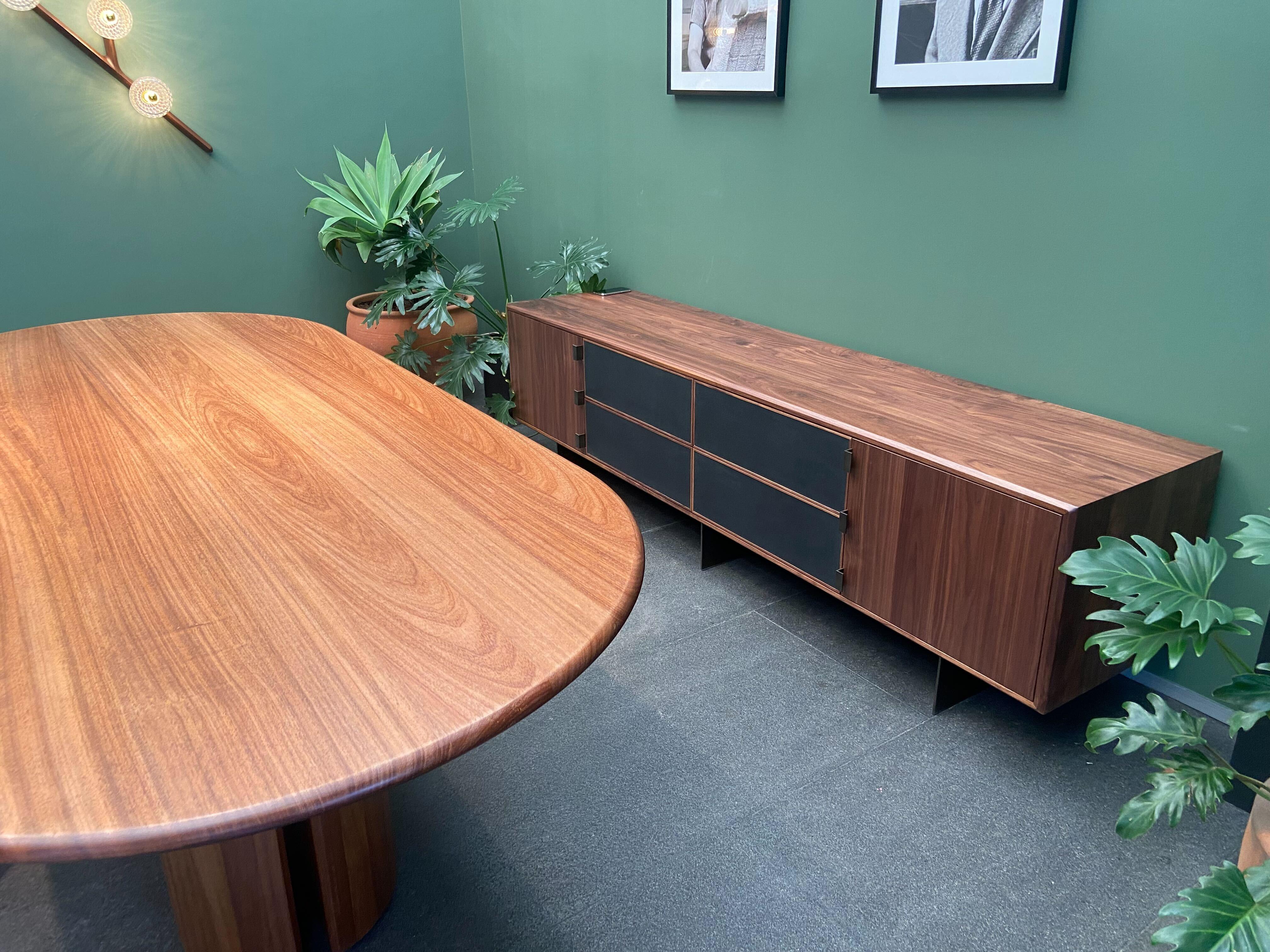 Modern Walnut and Leather 'Augusto' Credenza Large with Bronze Legs by Luteca