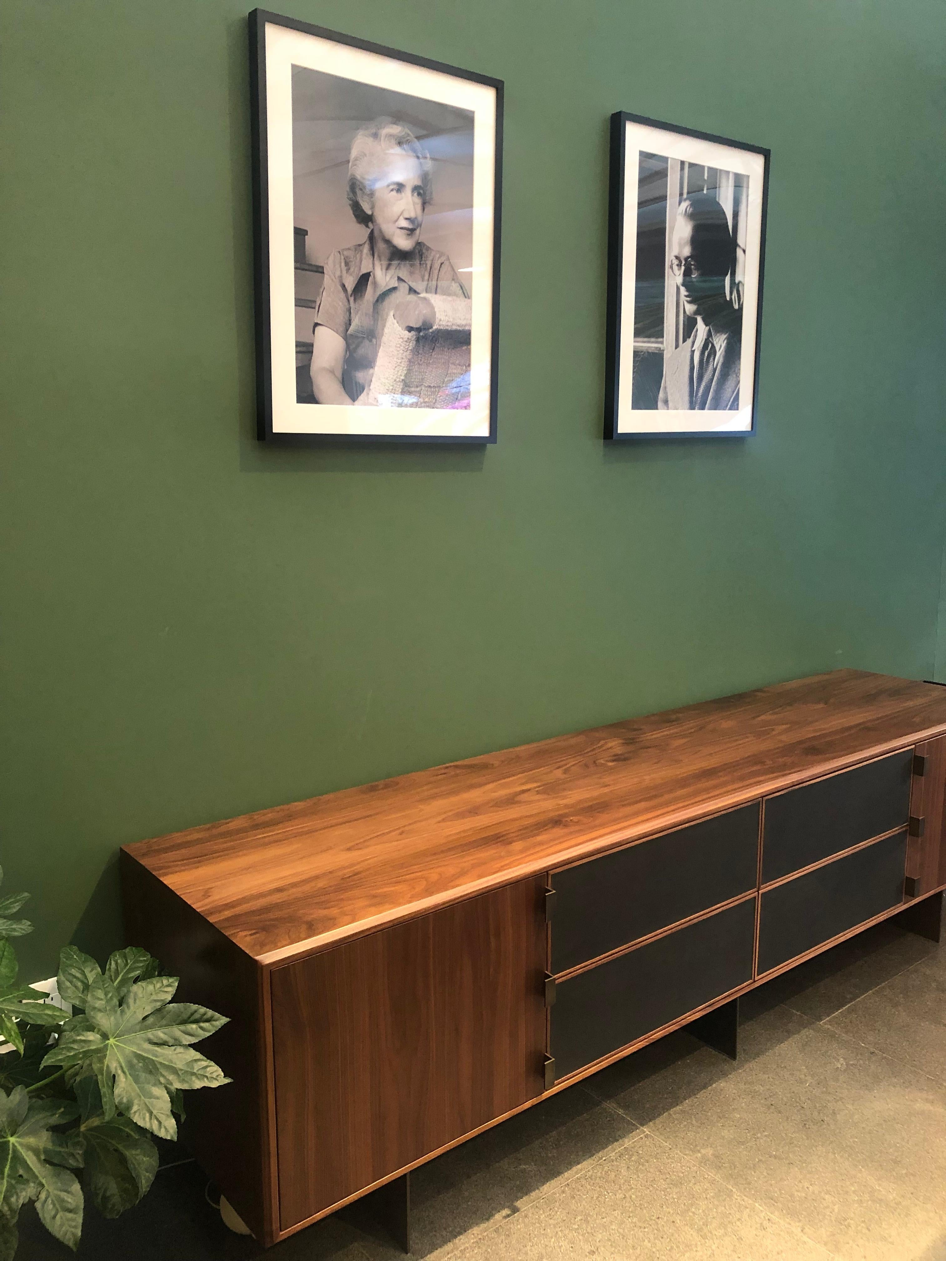 Mexican Walnut and Leather 'Augusto' Credenza Large with Bronze Legs by Luteca