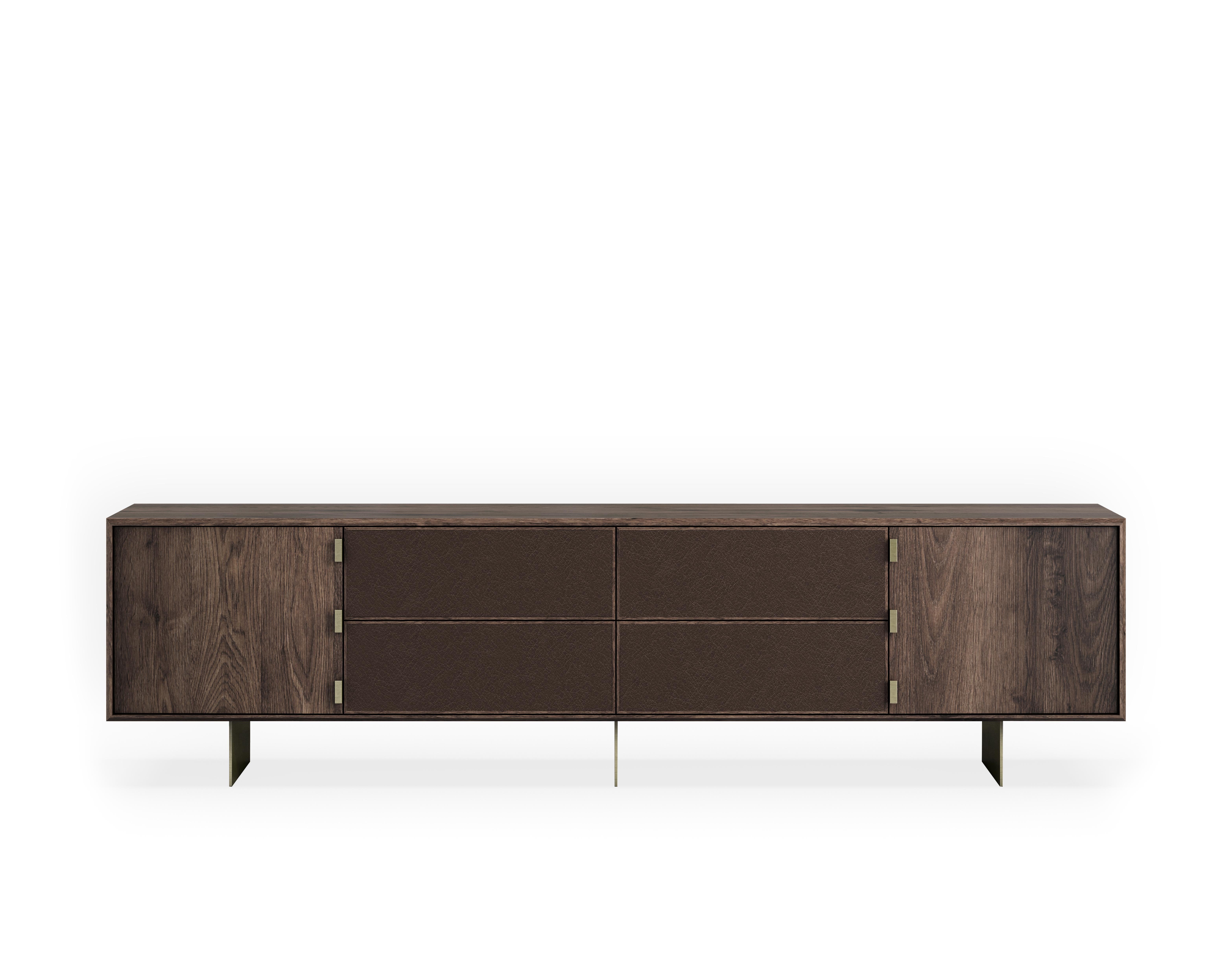Blackened Walnut and Leather 'Augusto' Credenza Large with Bronze Legs by Luteca