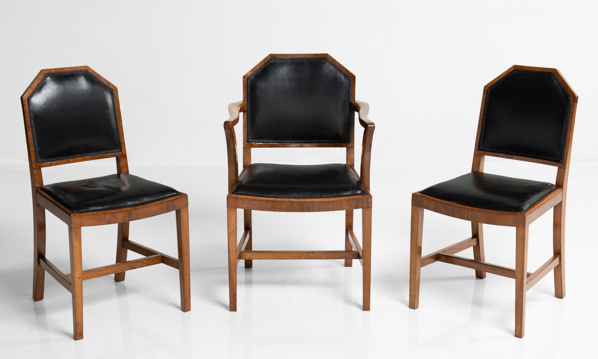 Edwardian Walnut and Leather Dining Chairs by Heals of London, England, circa 1915