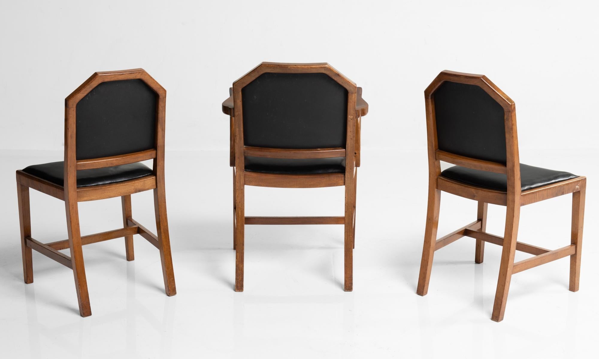 English Walnut and Leather Dining Chairs by Heals of London, England, circa 1915