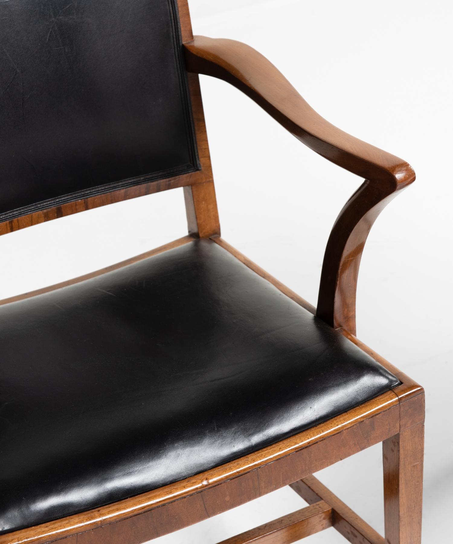 Early 20th Century Walnut and Leather Dining Chairs by Heals of London, England, circa 1915