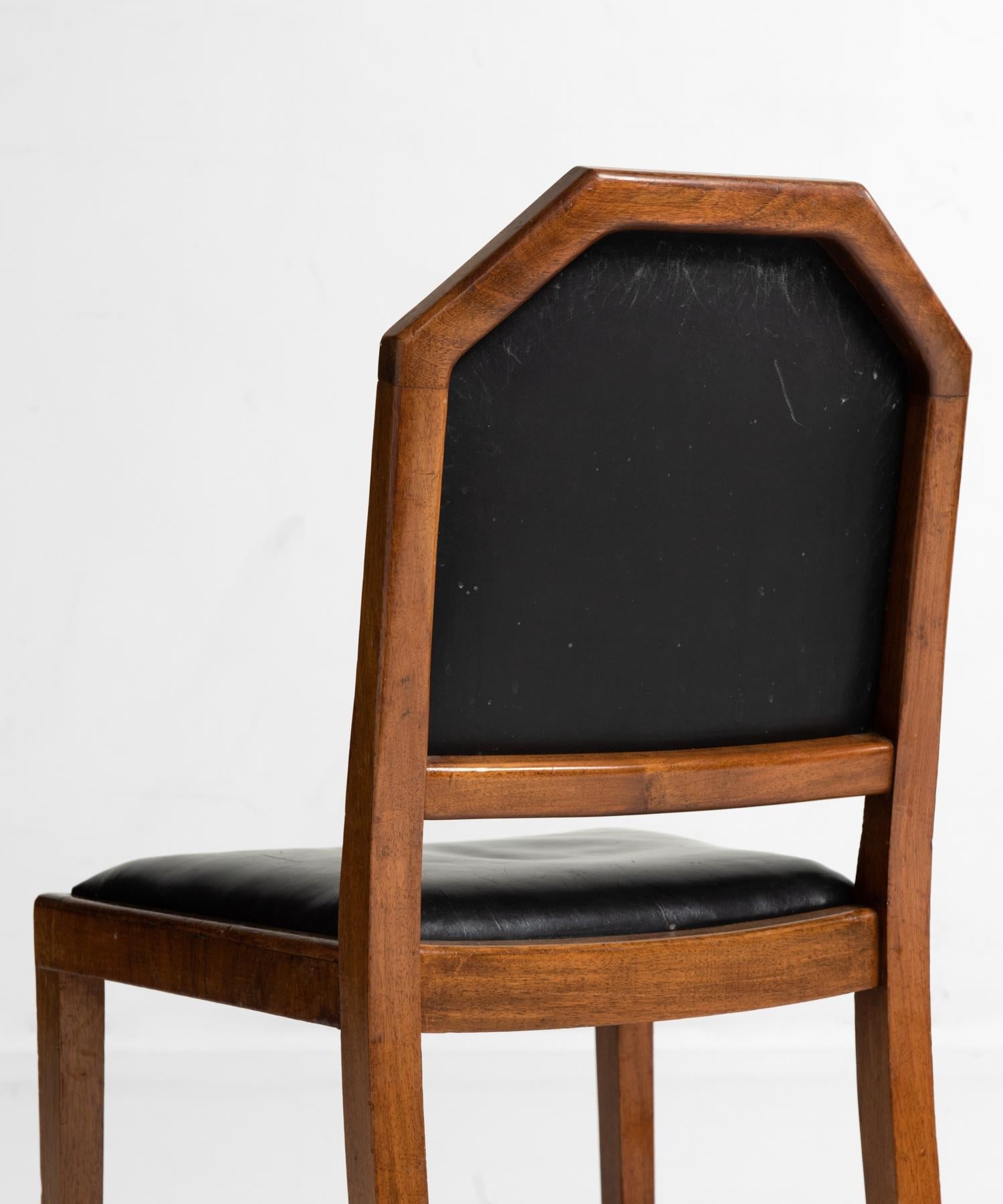 Walnut and Leather Dining Chairs by Heals of London, England, circa 1915 2