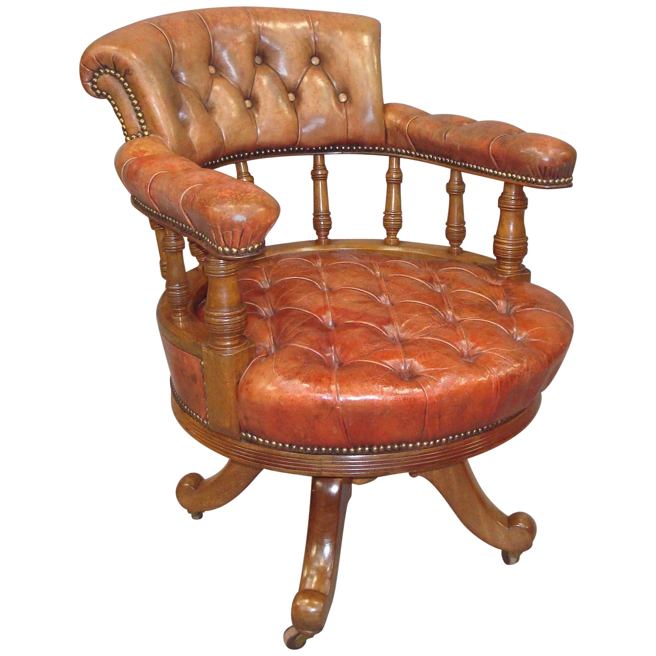 Walnut and Leather Revolving Desk Chair, 19th Century