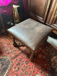 Walnut And Leather Stool, Barley Twist Legs, Brown Leather With Nail Head Trim.