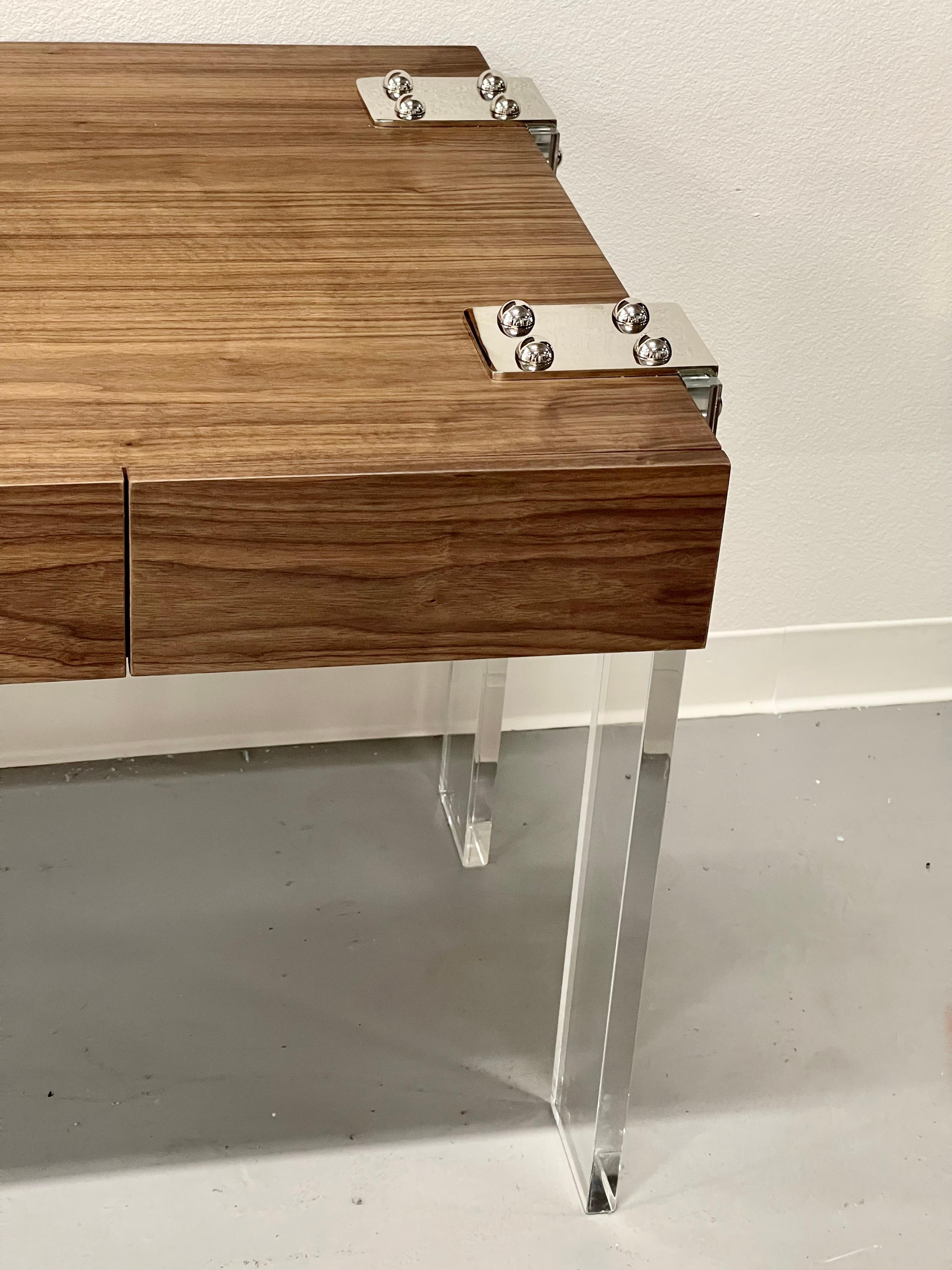 Veneer Custom Walnut and Lucite Desk 
