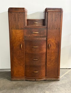 Walnut and Mahogany Art Deco Waterfall Wardrobe Dresser by Tri-Bond Furniture Co