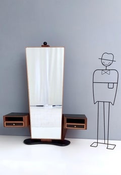 Espejo organizador vintage de madera para la entrada con tapa de cristal negro, Italia