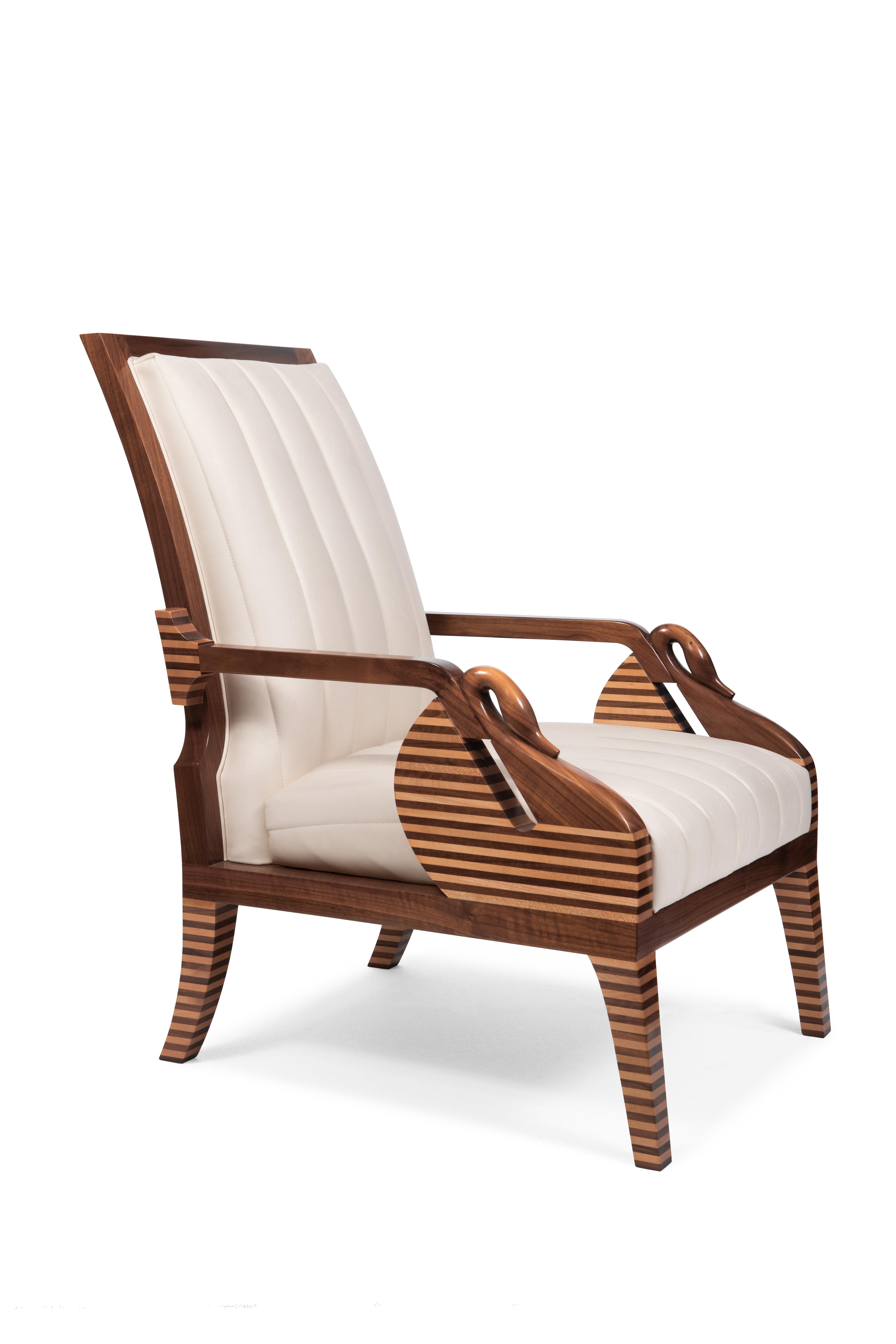 Italian Walnut and Maple Wood Modern Armchair with Decorative Swans, Made in Italy For Sale