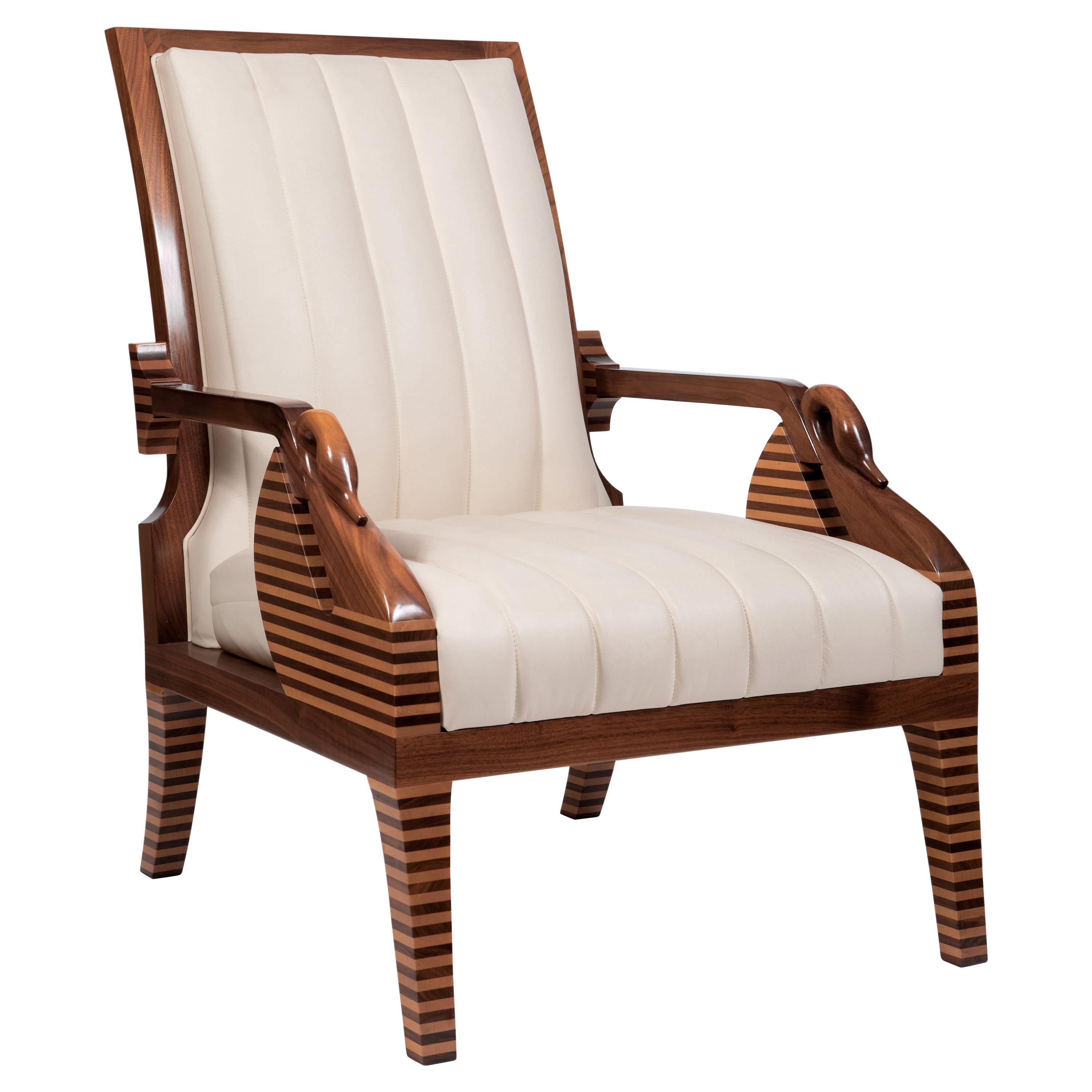 Walnut and Maple Wood Modern Armchair with Decorative Swans, Made in Italy