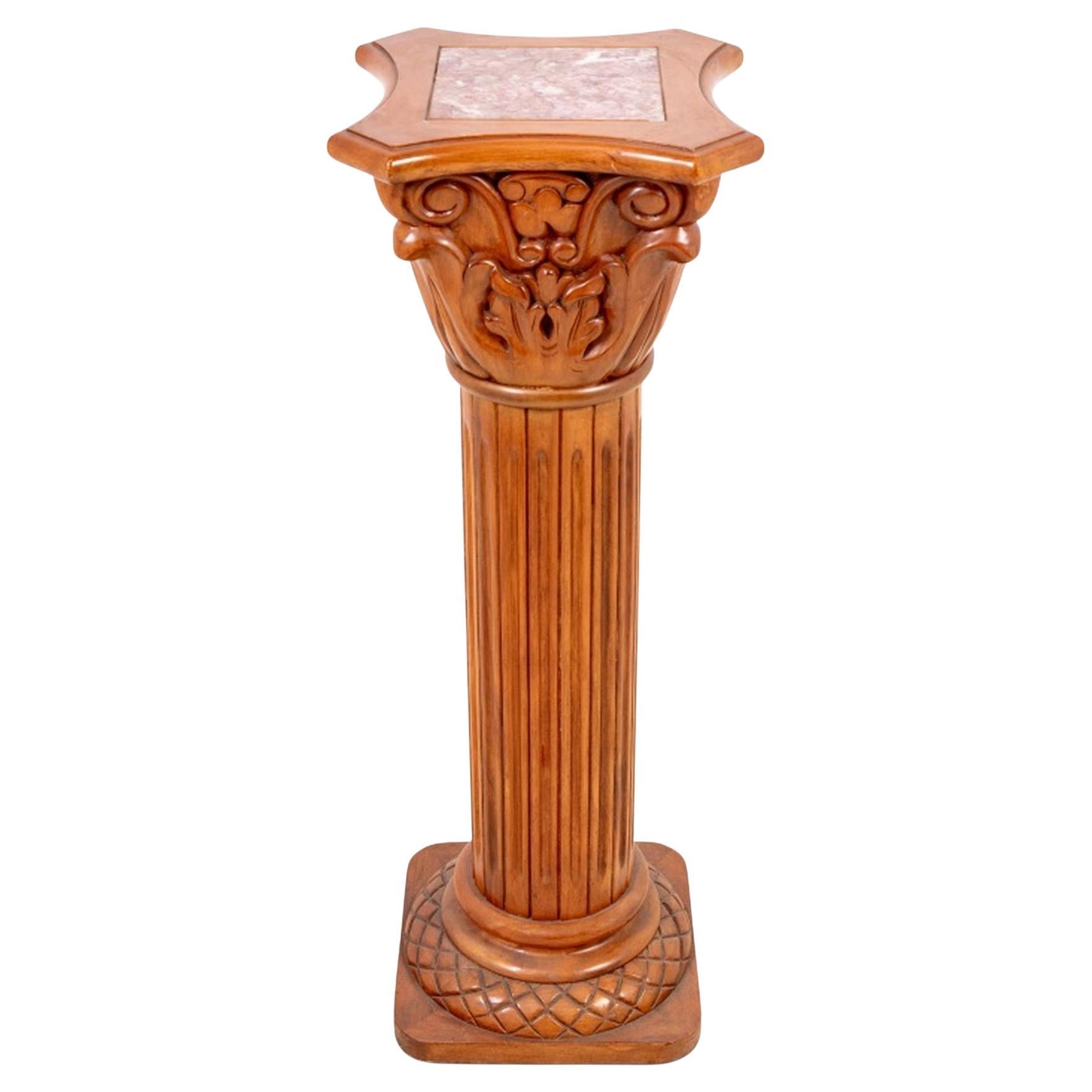 Walnut and Marble Corinthian Column Pedestal For Sale
