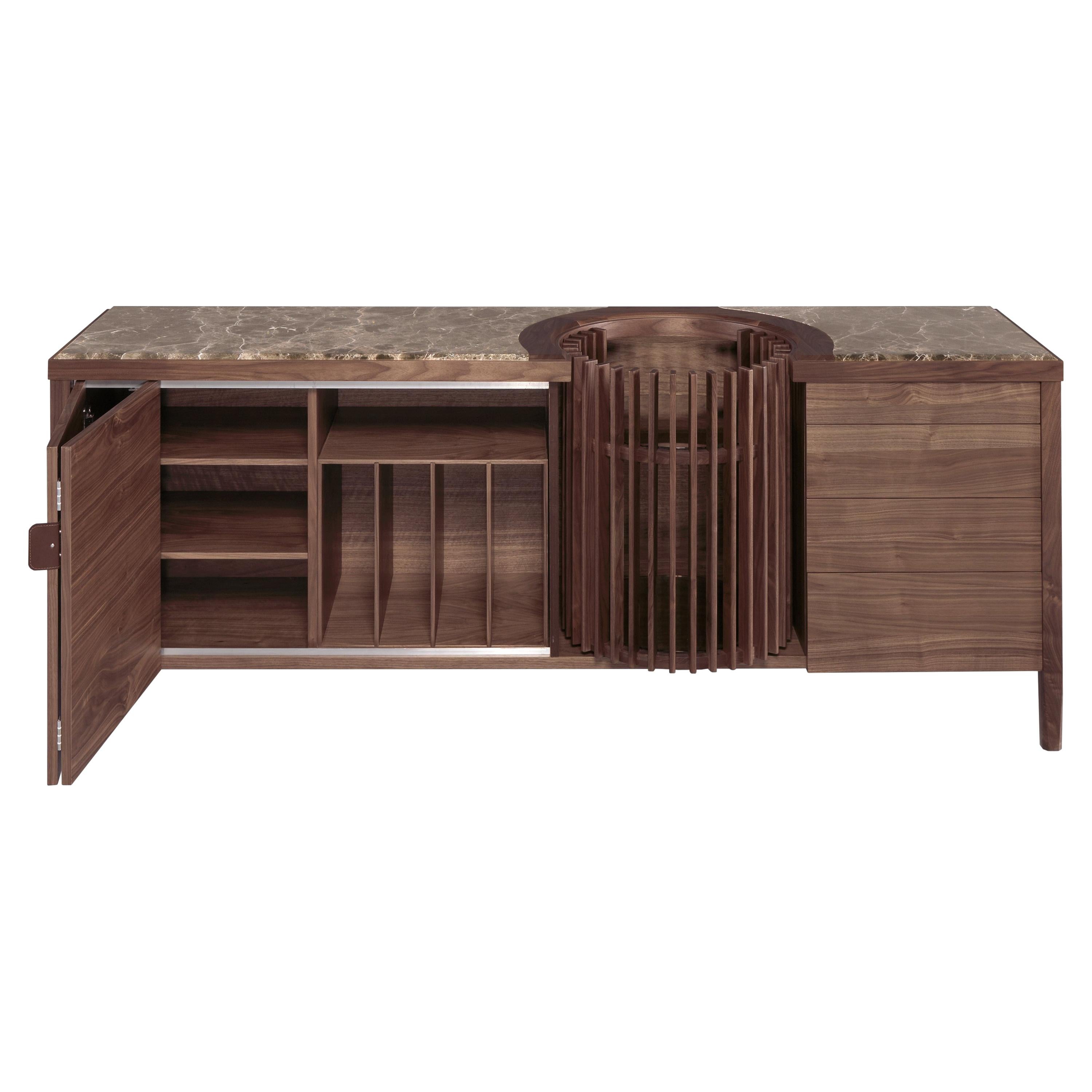 Walnut and Marble Sideboard Credenza