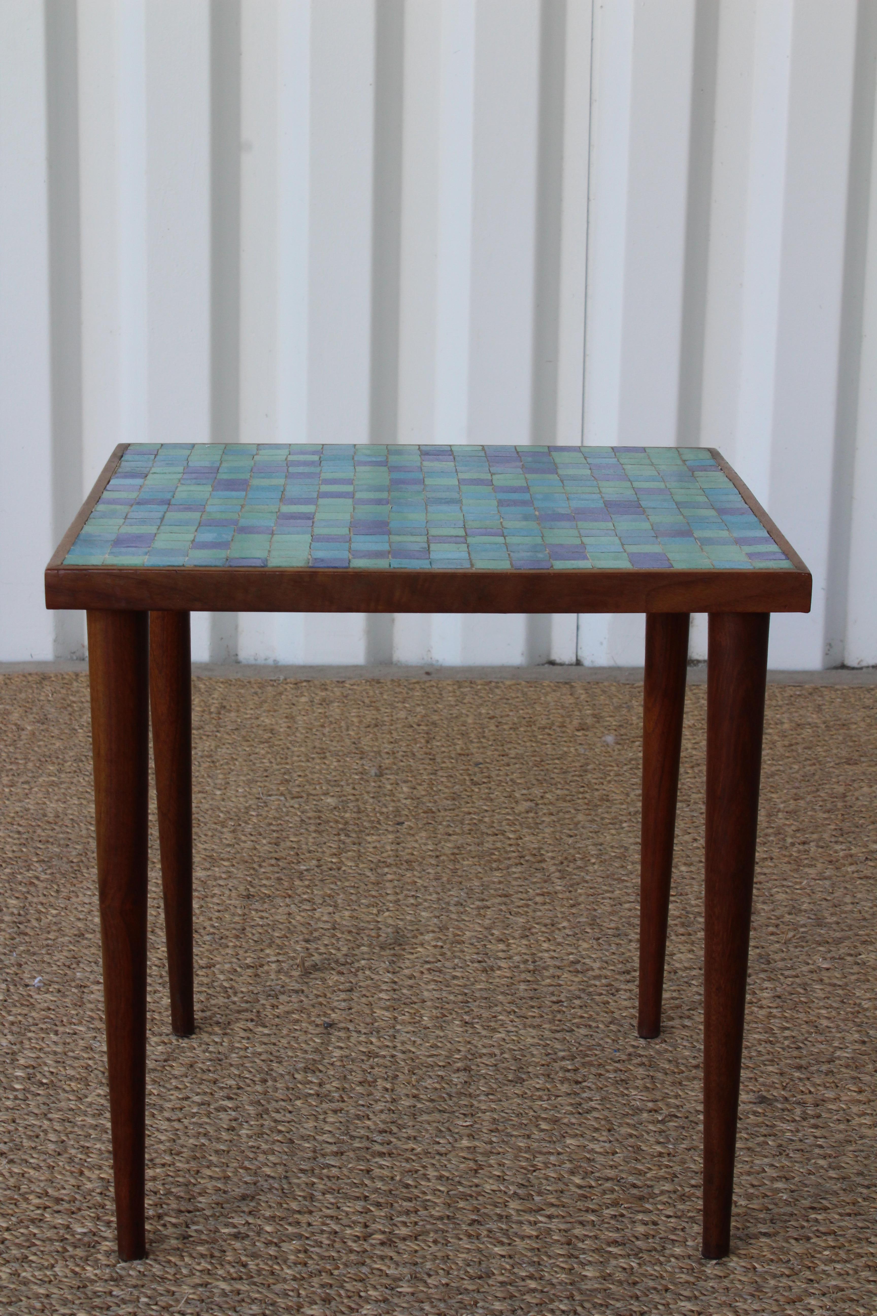 Vintage 1960s walnut side table with Italian Murano glass tile top. Good condition, walnut has been refinished.