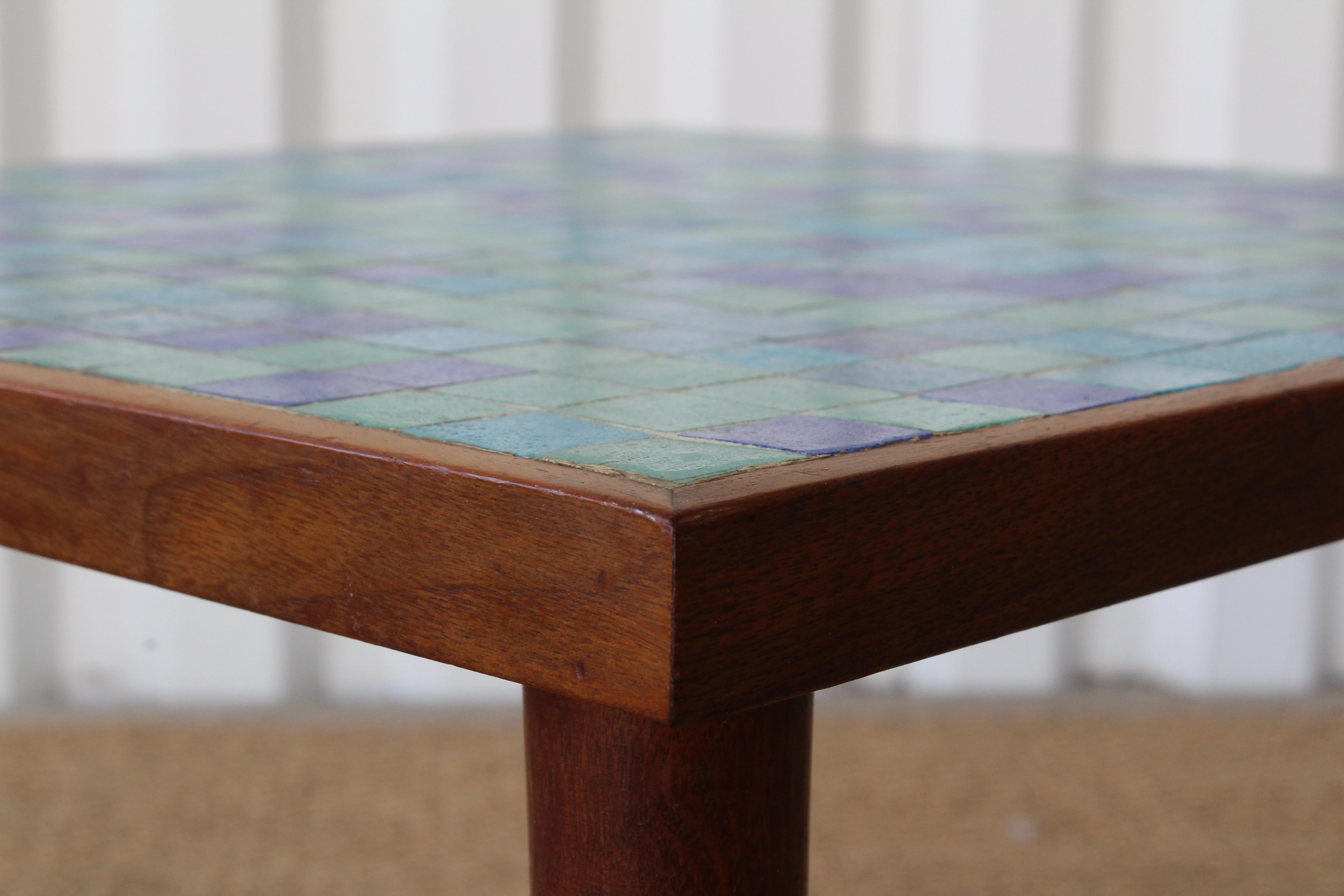 Walnut and Murano Glass Tile Side Table, USA, 1950s In Good Condition In Los Angeles, CA