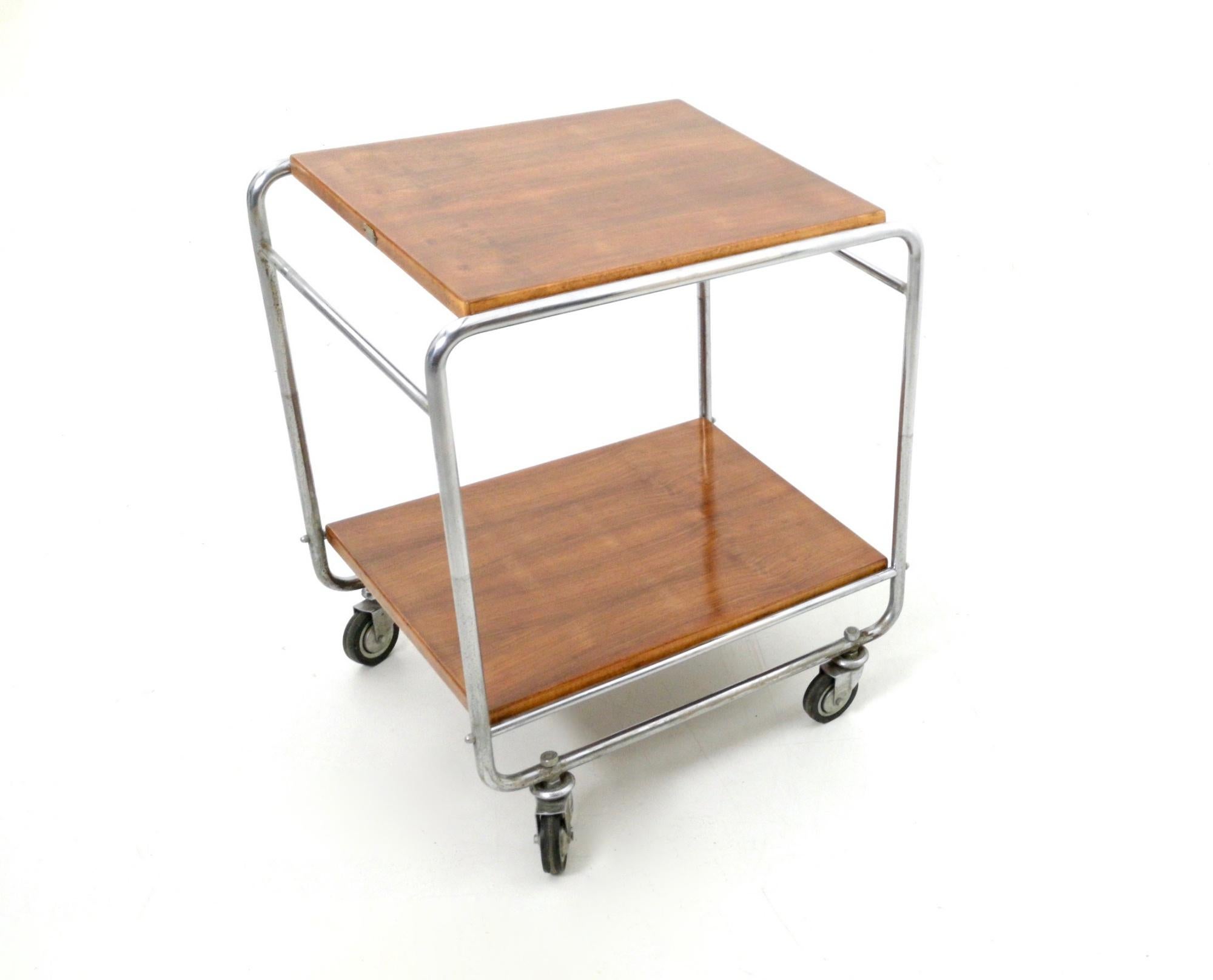 Minimalist Walnut and Nickel-Plated Metal Serving Cart Produced by Cova, Italy, 1940s