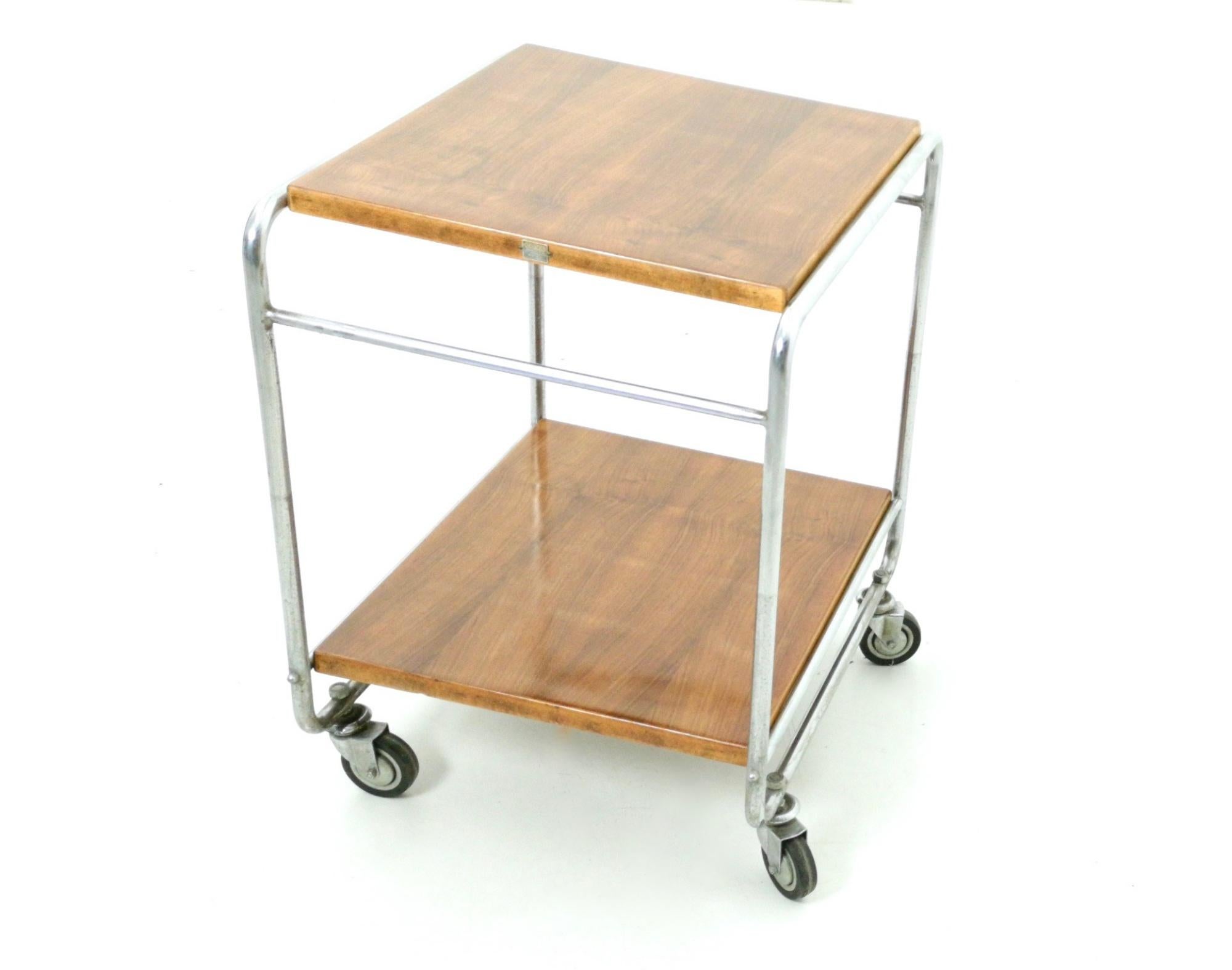 Italian Walnut and Nickel-Plated Metal Serving Cart Produced by Cova, Italy, 1940s