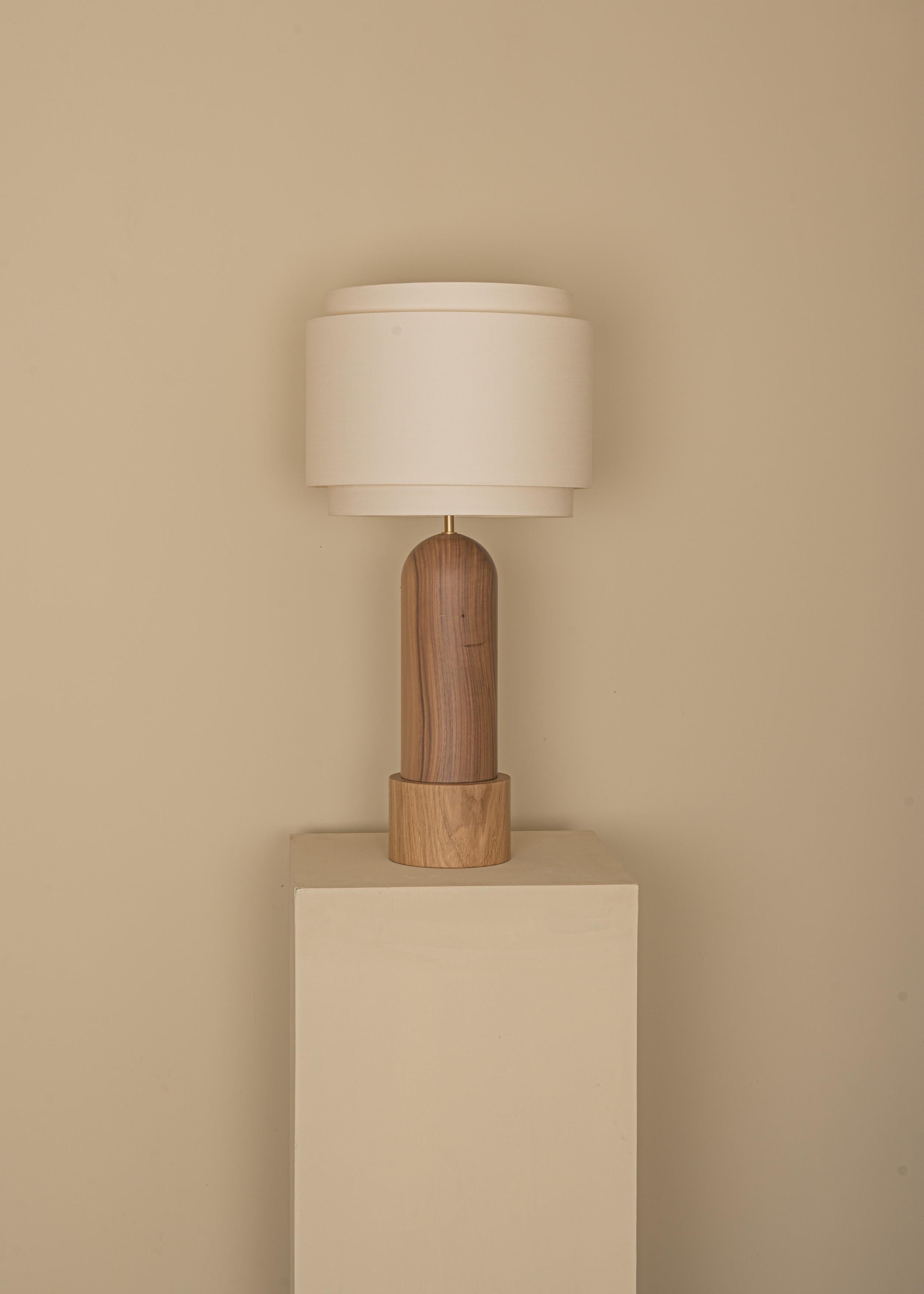 Walnut And Oak Base Pura Kelo Double Table Lamp by Simone & Marcel
Dimensions: D 35 x W 35 x H 69 cm.
Materials: Brass, cotton, oak and walnut.

Also available in different marble, wood and alabaster options and finishes. Custom options available on