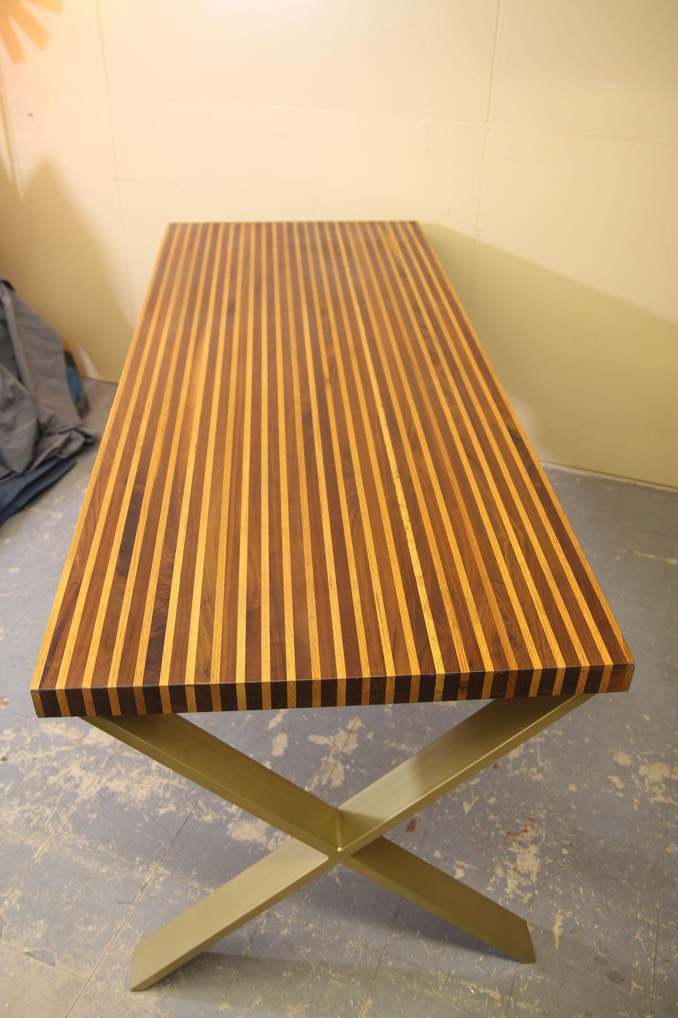 Metal Walnut and Oak desk with x shaped legs For Sale