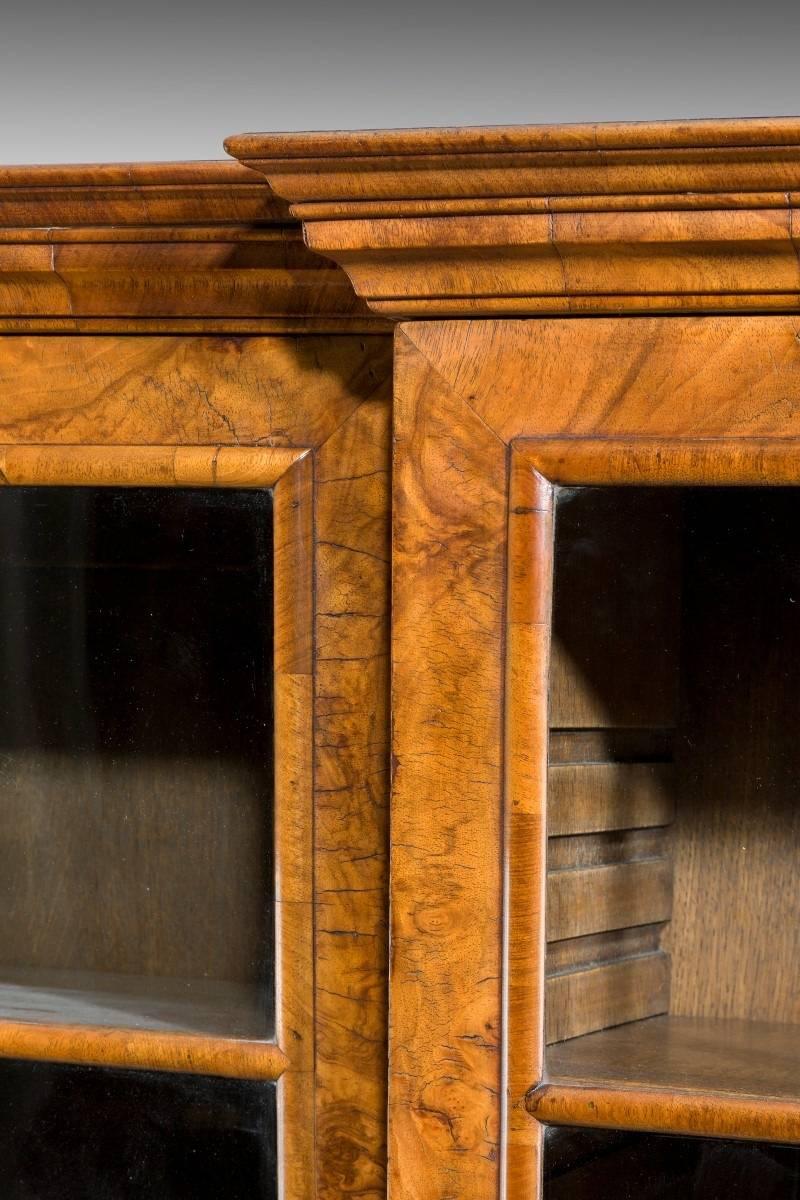 English Walnut and Oyster Veneered Breakfront Four-Door Bookcase, England, 1920