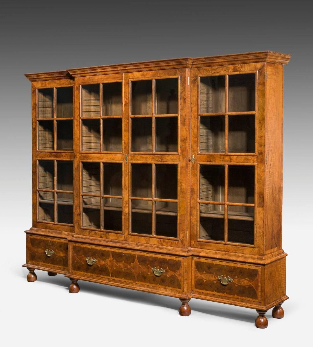 Early 20th Century Walnut and Oyster Veneered Breakfront Four-Door Bookcase, England, 1920