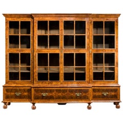 Walnut and Oyster Veneered Breakfront Four-Door Bookcase, England, 1920