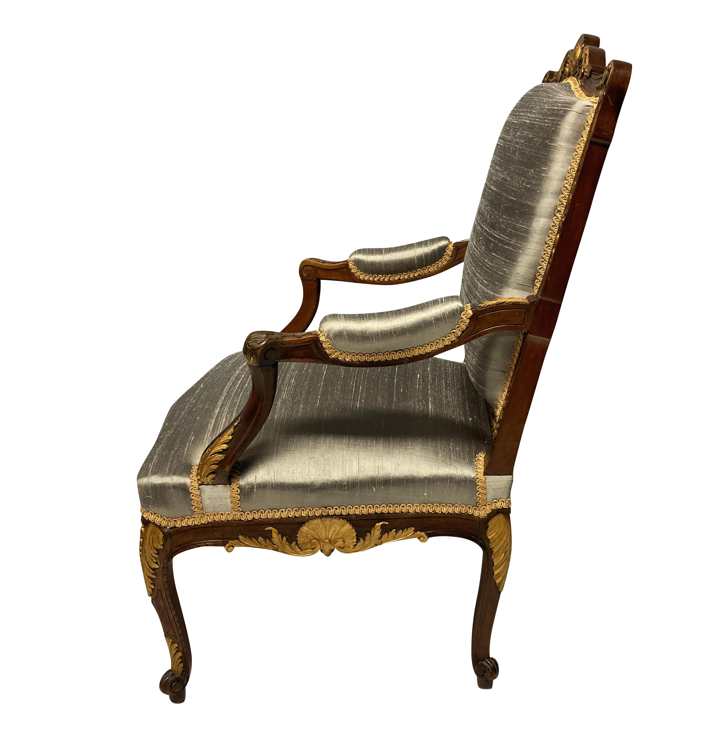 French Walnut and Parcel-Gilt Louis XV Style Armchair