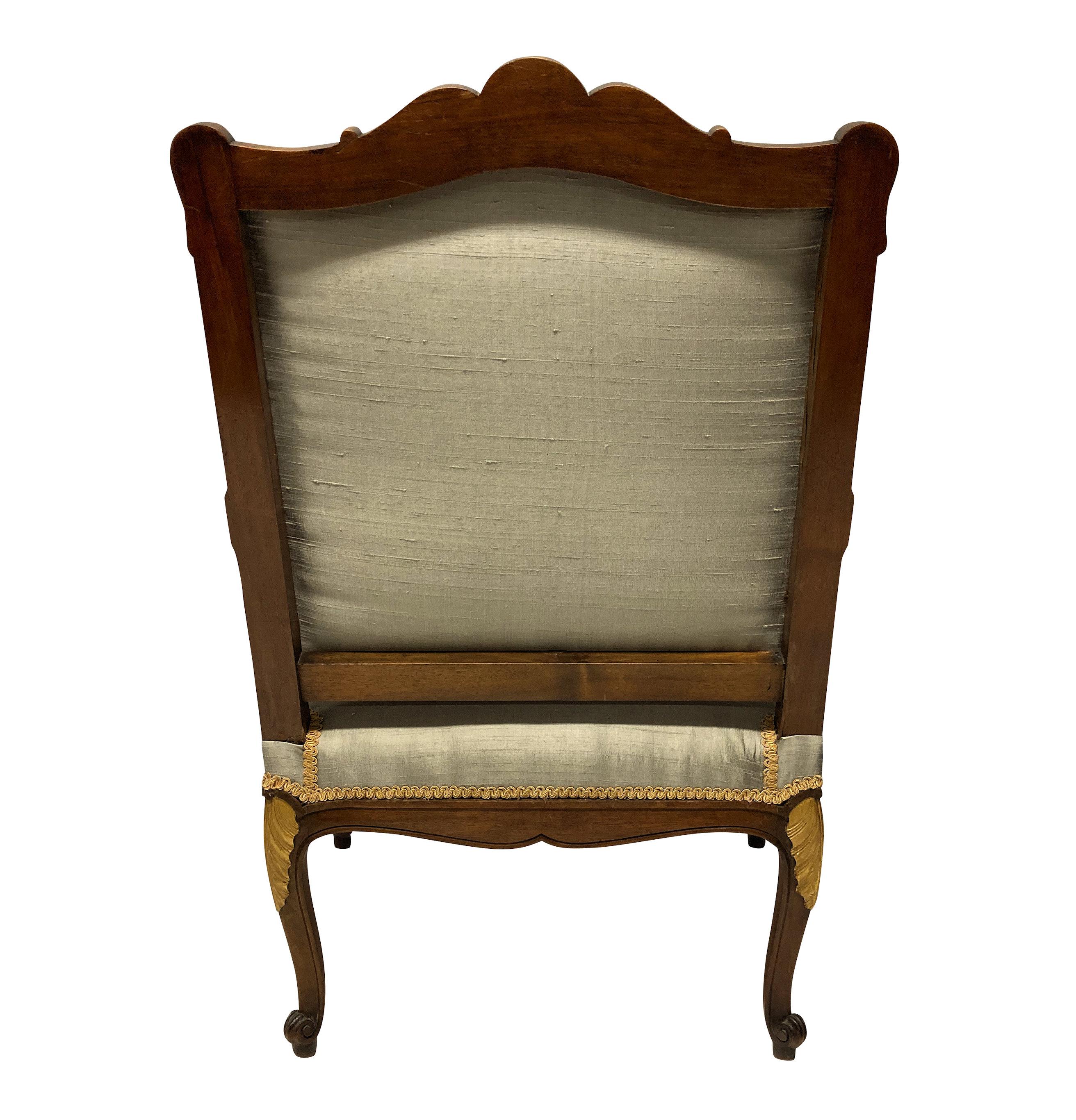 French Walnut and Parcel-Gilt Louis XV Style Armchair