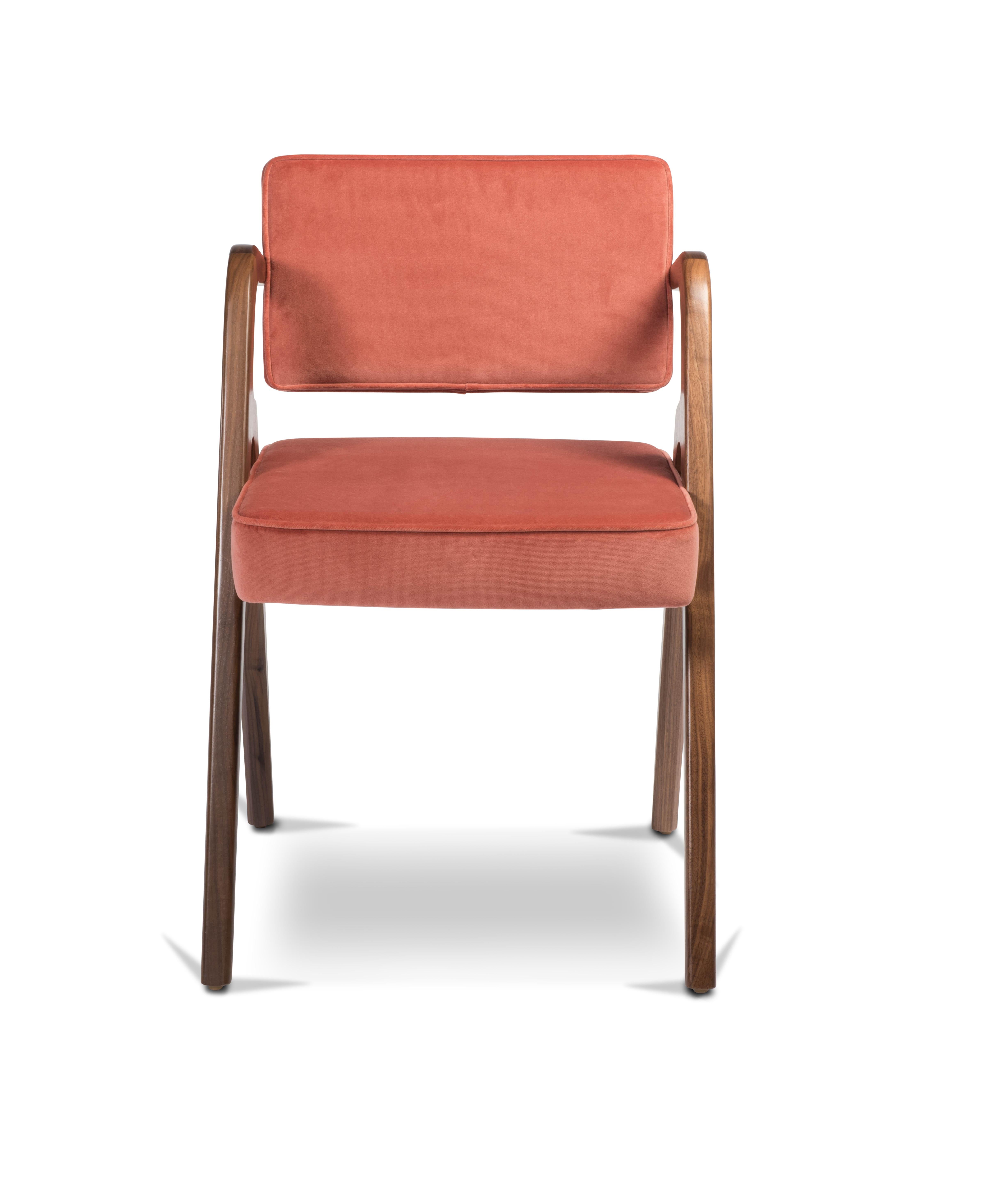 Mid-Century Modern Walnut and Pink Velvet Contemporary Dining Chair by LUTECA, Made to Order