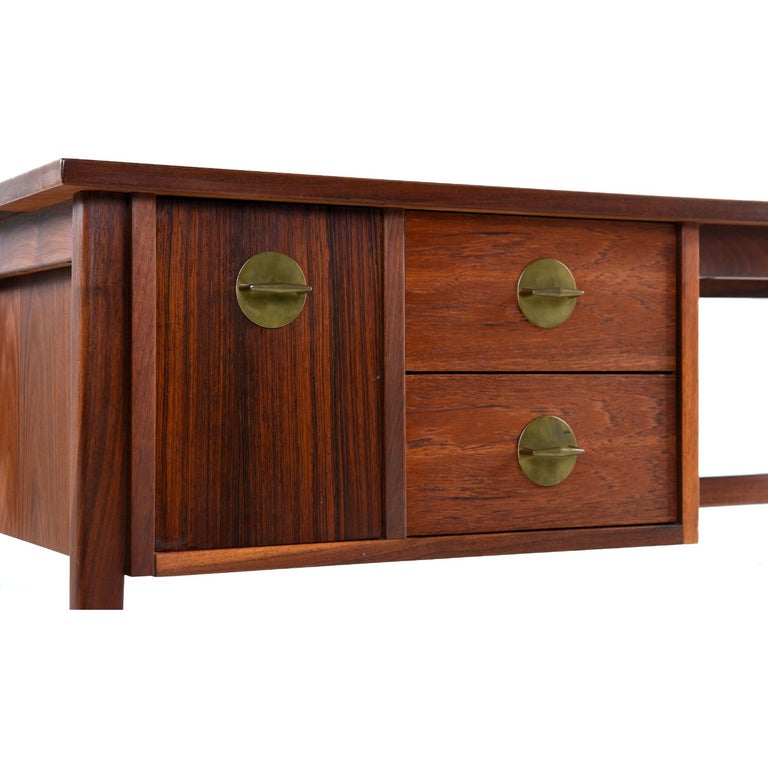 Walnut and Rosewood Mid-Century Modern Desk with Brass Knobs at 1stDibs