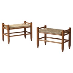 Taburete de nogal y junco, Dinamarca, c. 1950