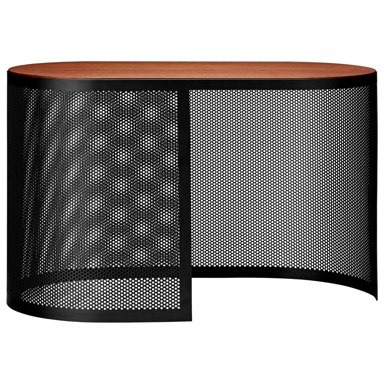Walnut and steel contemporary side table
Dimensions: L 70 x W 35 x H 43.3 CM
Materials: Steel, MDF with walnut veneer 

This tables can be placed in any room that calls for extra creative space. They are made of perforated metal in black and
