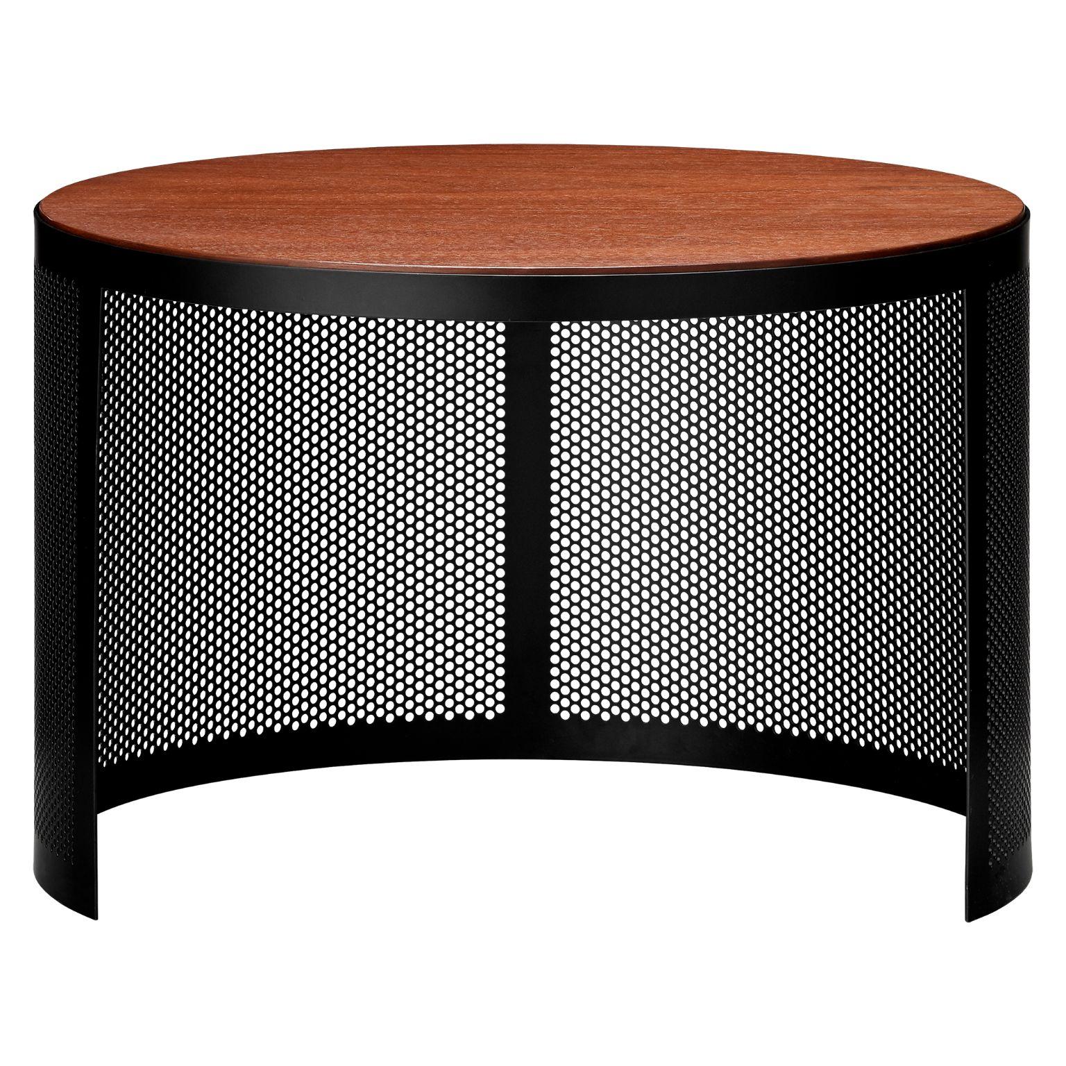 Walnut and steel contemporary small side table
Dimensions: Ø 46 x H 30.2 CM
Materials: Walnut, steel 

This tables can be placed in any room that calls for extra creative space. They are made of perforated metal in black and have either a high