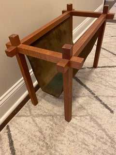 Walnut and Suede Mid-Century Modern Magazine Rack