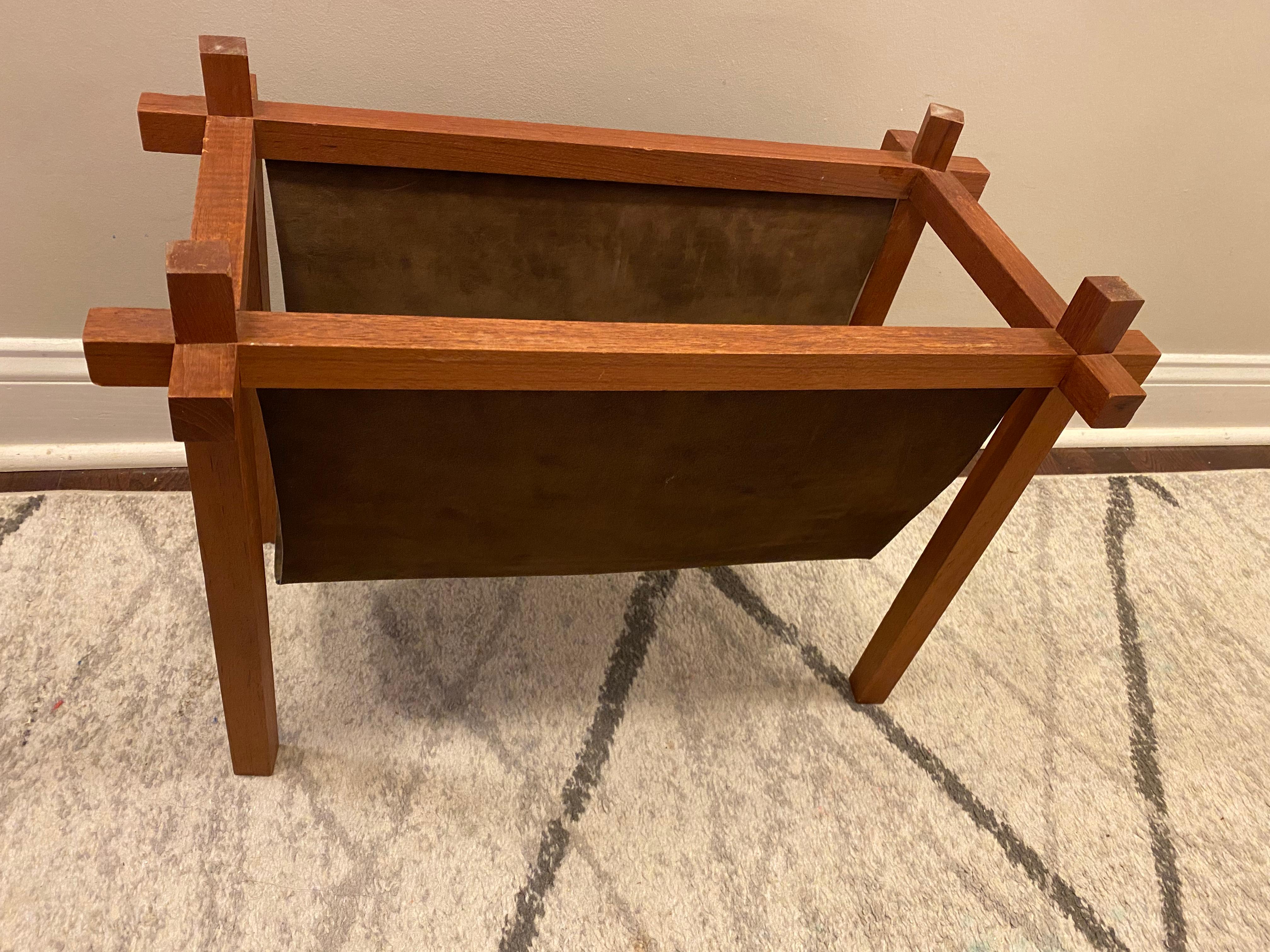 Unknown Walnut and Suede Mid-Century Modern Magazine Rack For Sale